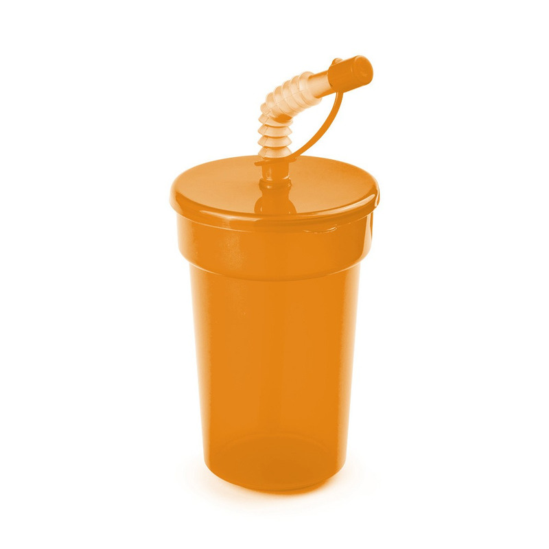 5x Afsluitbare drinkbeker oranje 400 ml met rietje