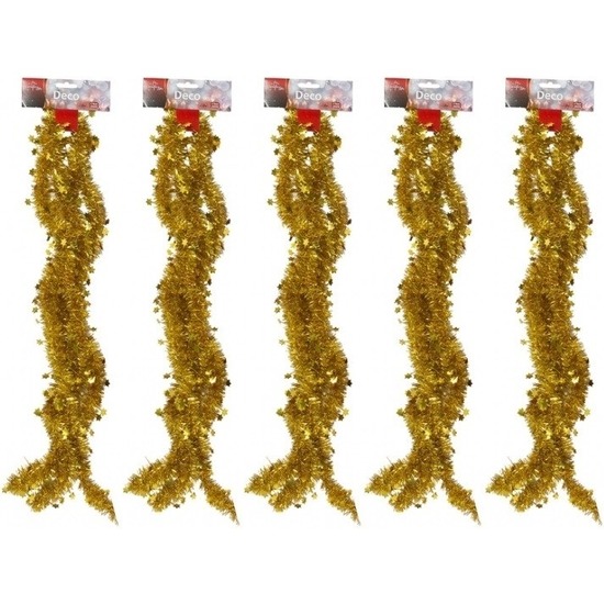 5x Gouden tinsel kerstslingers met sterren 270 cm