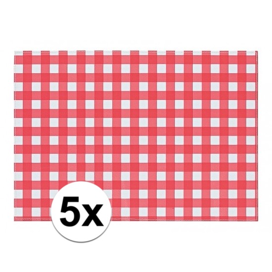 5x placemat rood-wit geblokt 43 x 30 cm