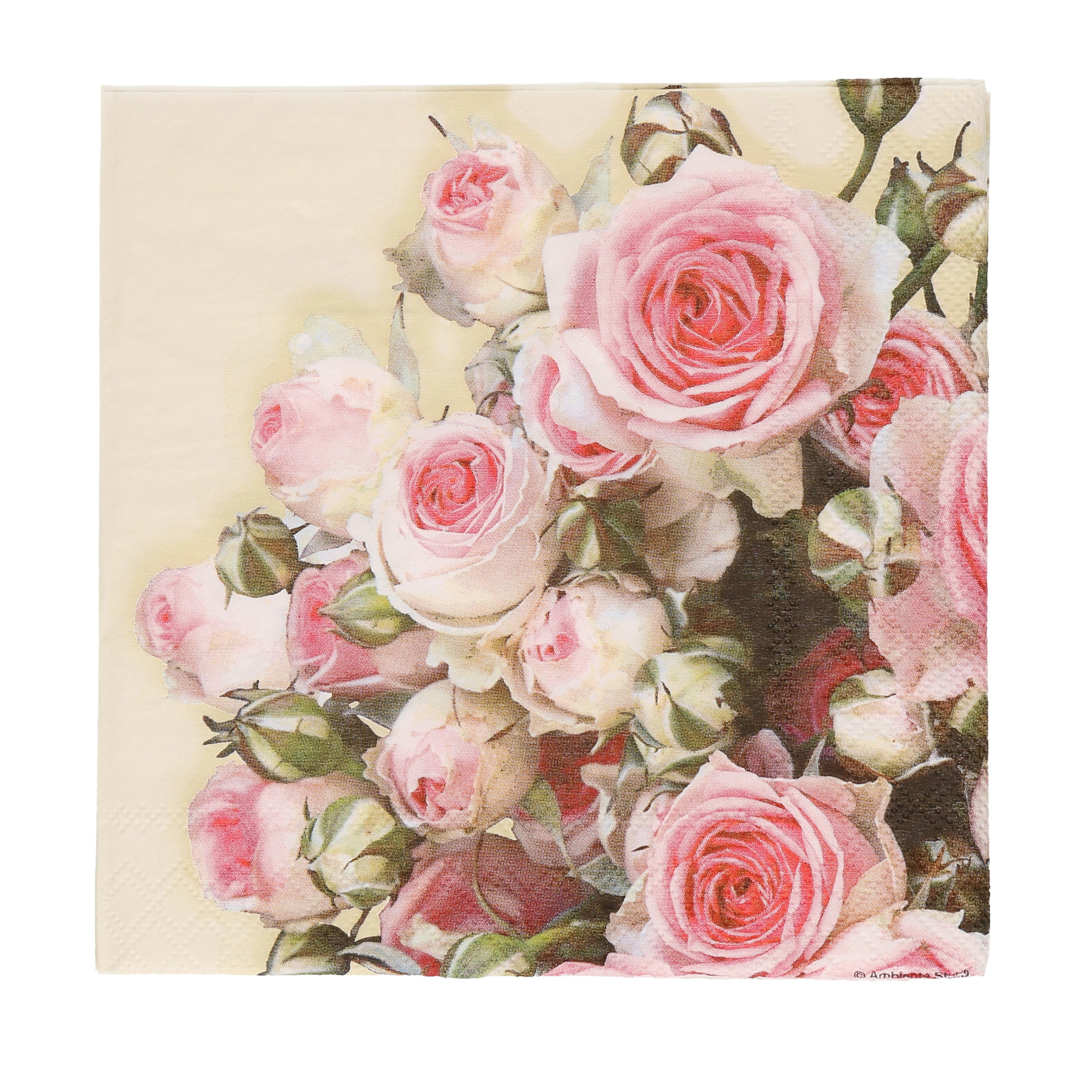 60x Geel met rozen-bloemen voorjaar servetten 33 x 33 cm