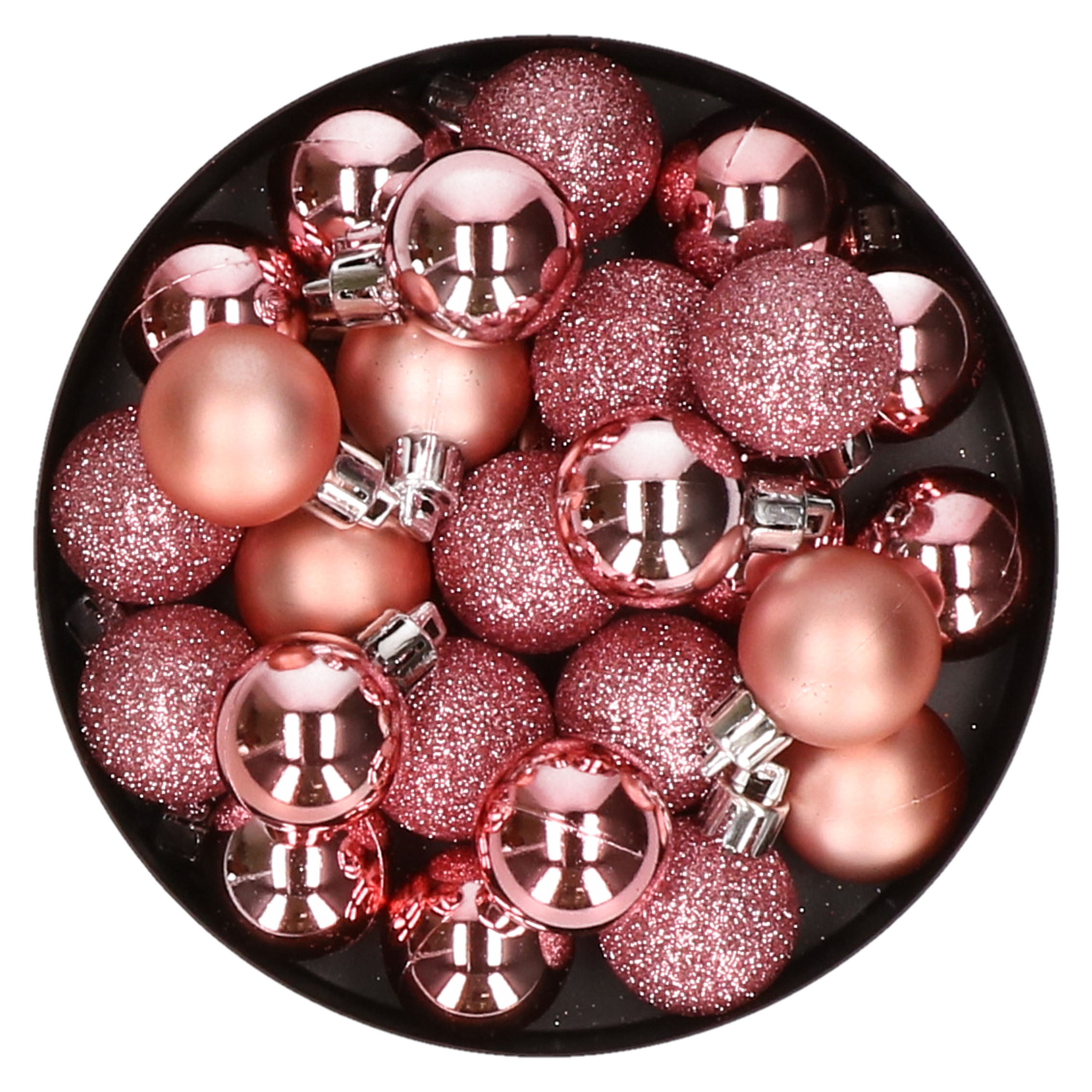 60x stuks kleine kerstballen 3 cm roze kunststof mat-glans-glitter