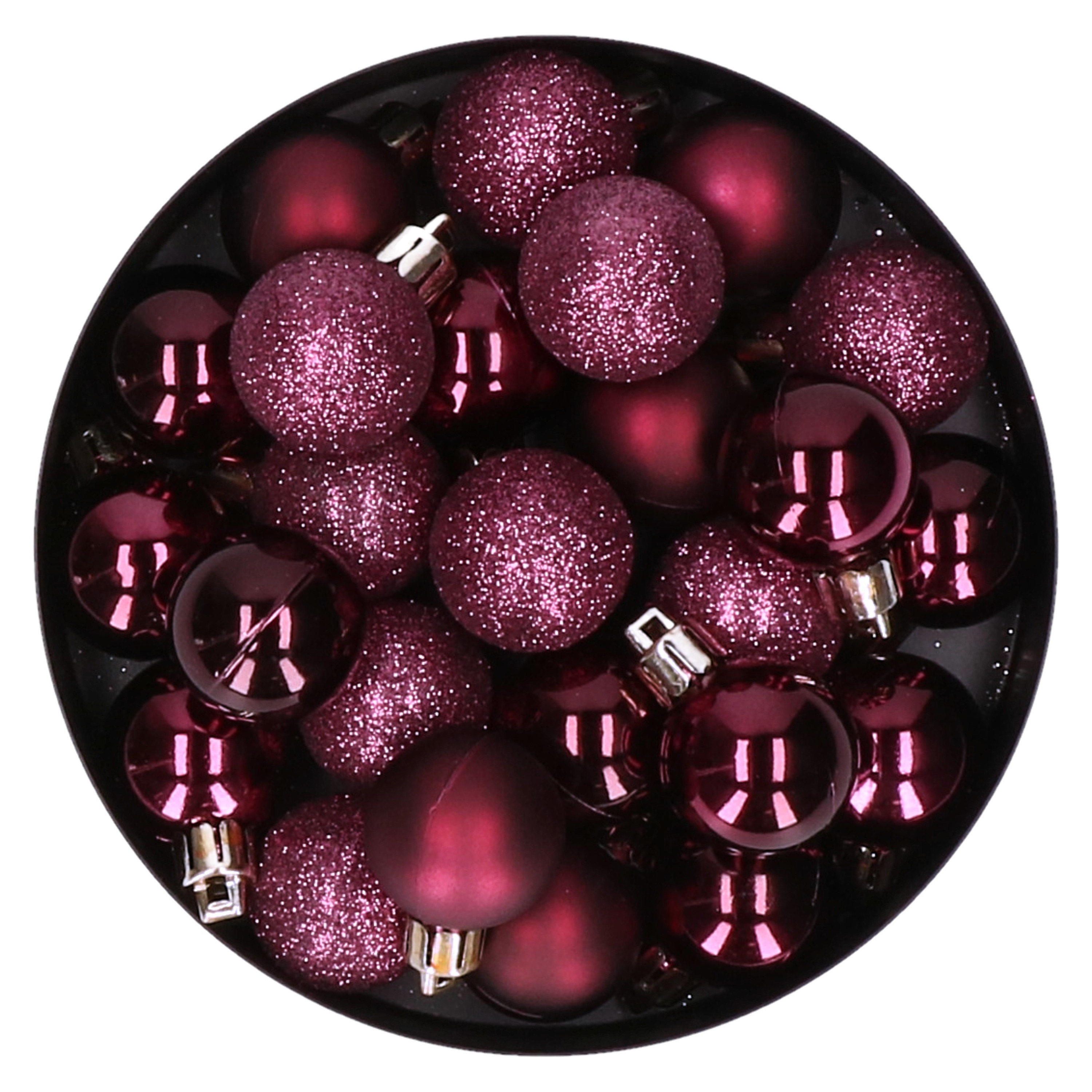 60x stuks kleine kunststof kerstballen aubergine roze 3 cm mat-glans-glitter