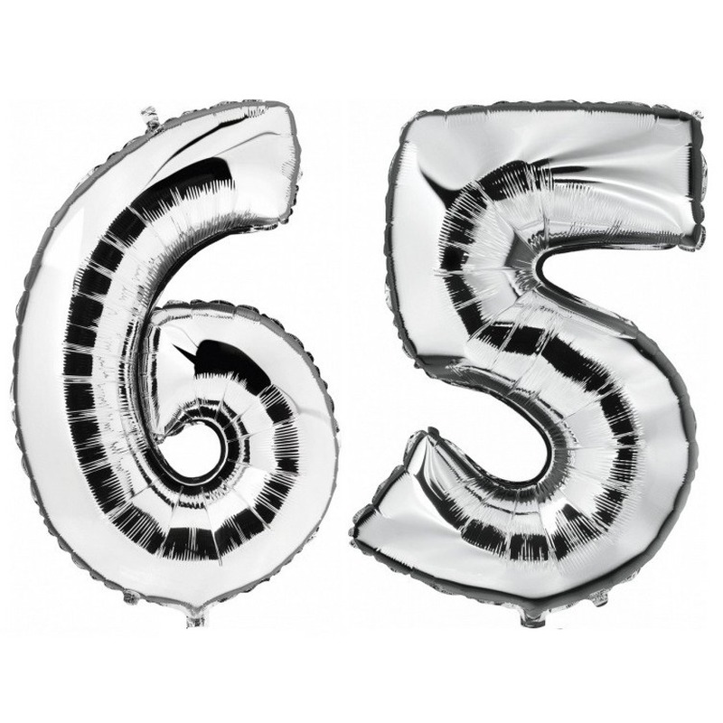 65 jaar zilveren folie ballonnen 88 cm leeftijd/cijfer -