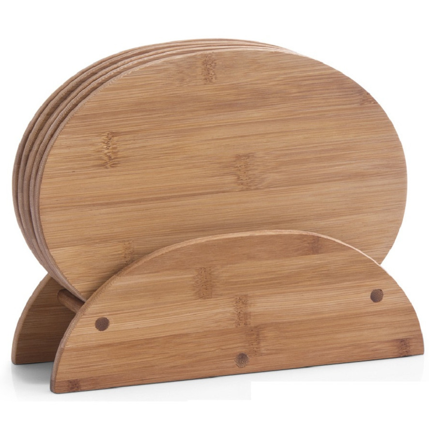 6x Ovale bamboe houten snijplanken met houder 24 cm - Keukenbenodigdheden - Snijplanken/broodplanken hout