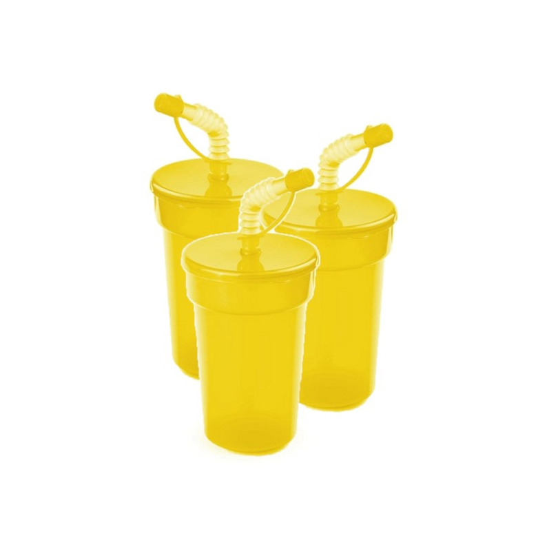 6x stuks afsluitbare drinkbeker geel 400 ml met rietje