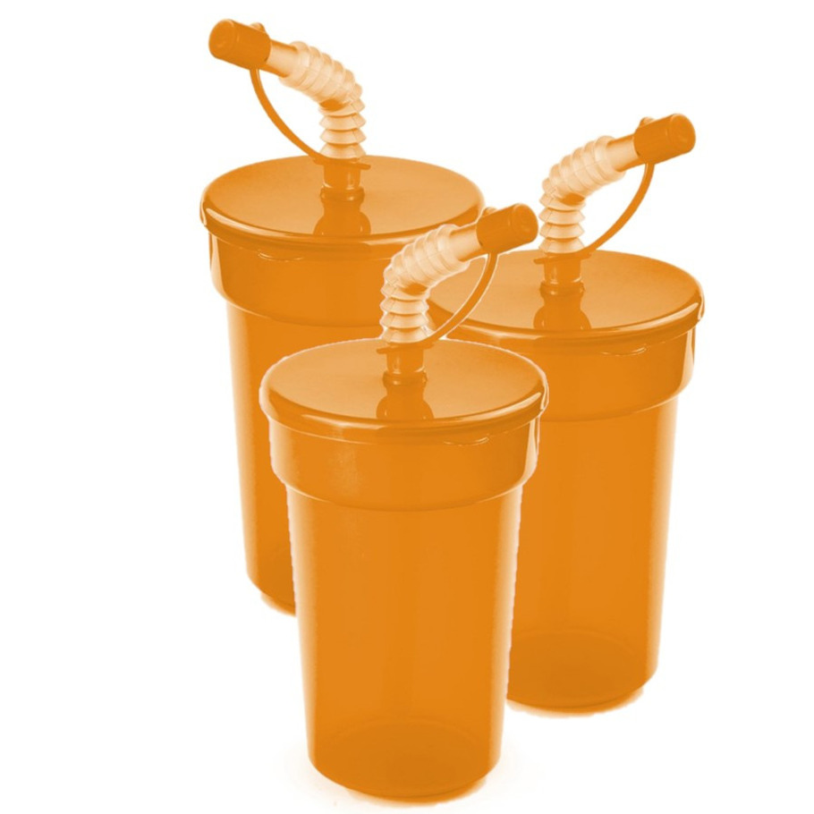 6x stuks afsluitbare drinkbeker oranje 400 ml met rietje