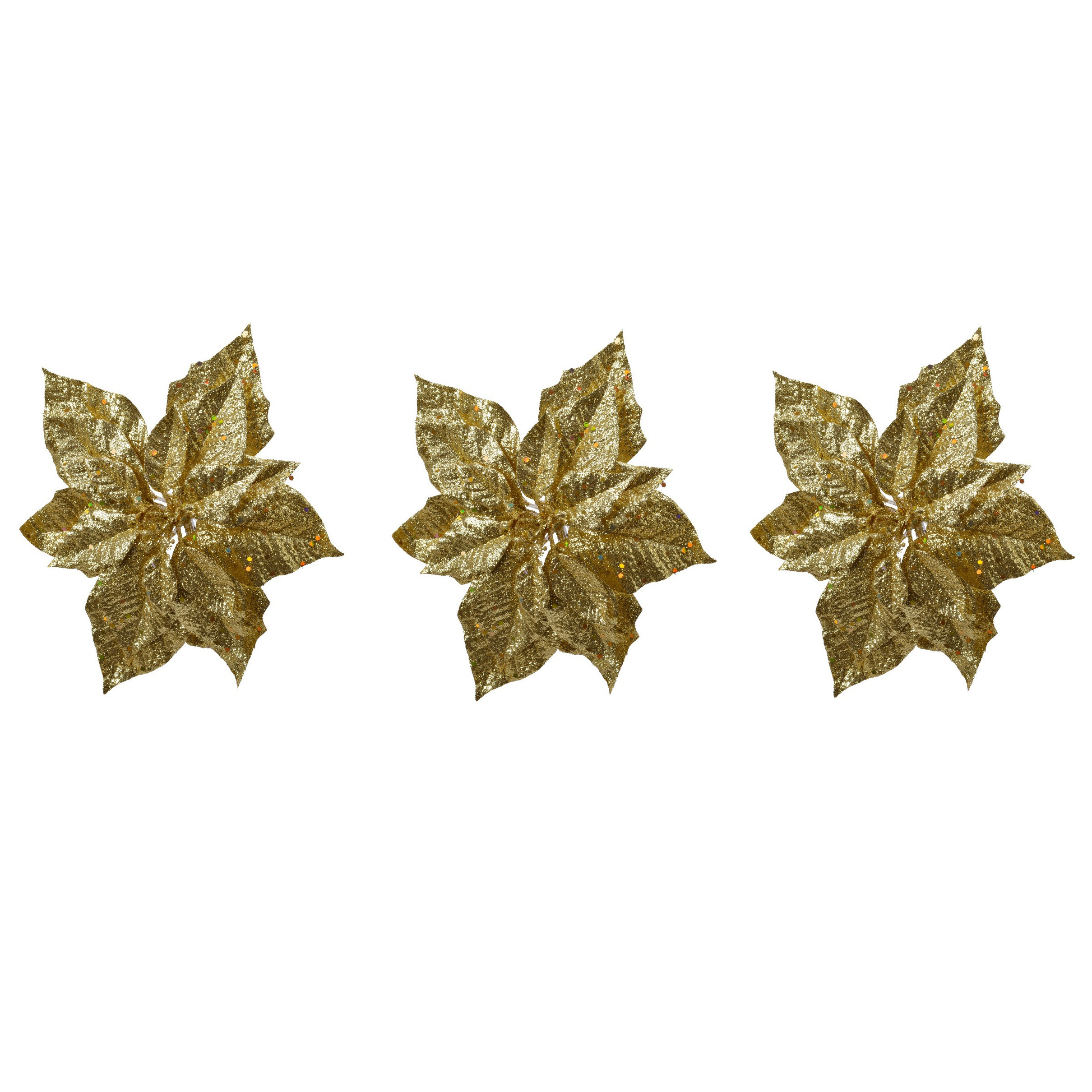 6x stuks decoratie bloemen kerstster goud glitter op clip 23 cm