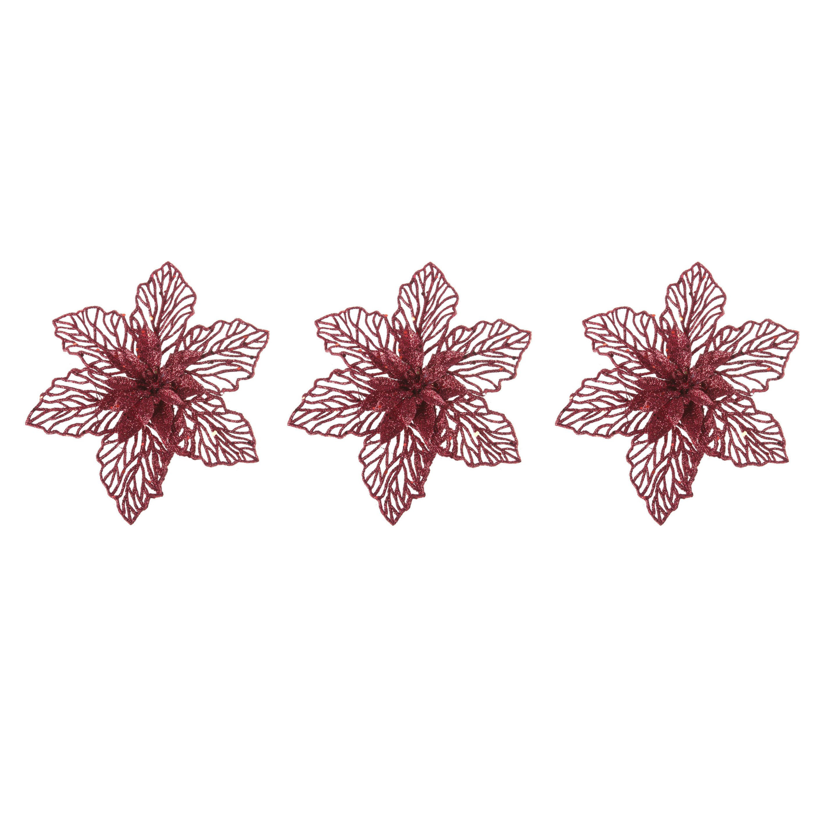 6x stuks decoratie bloemen kerstster rood glitter op clip 17 cm