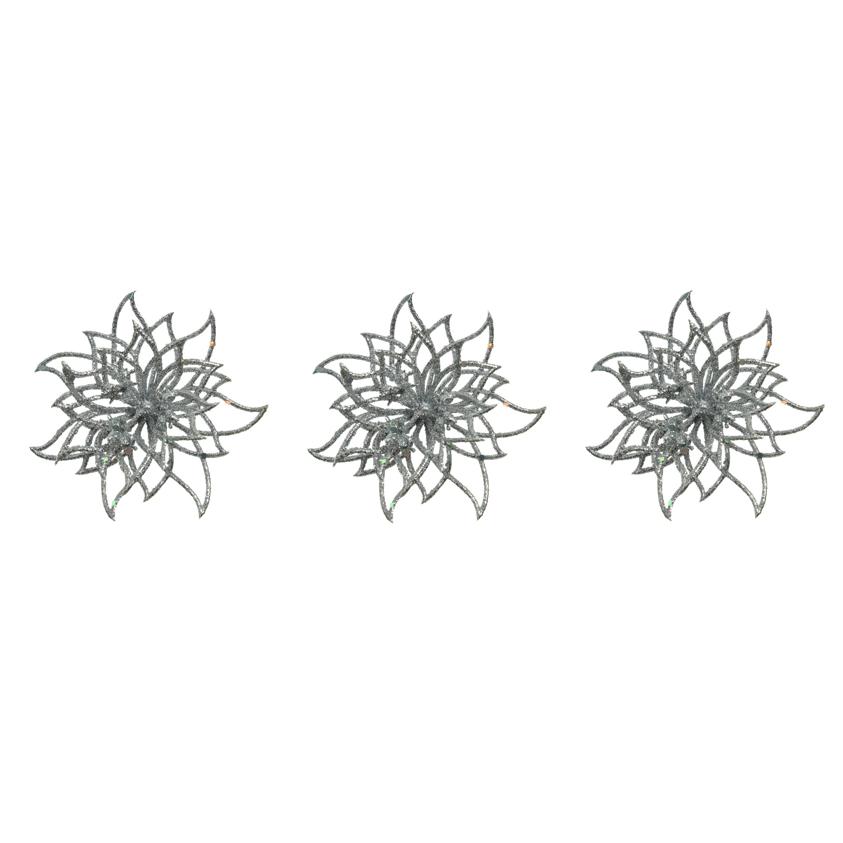 6x stuks decoratie bloemen kerstster zilver glitter op clip 14 cm