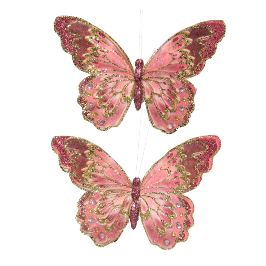6x stuks decoratie vlinders op clip glitter roze 18 cm -