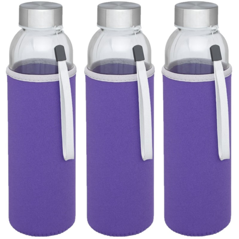 6x stuks glazen waterfles-drinkfles met paarse softshell bescherm hoes 500 ml
