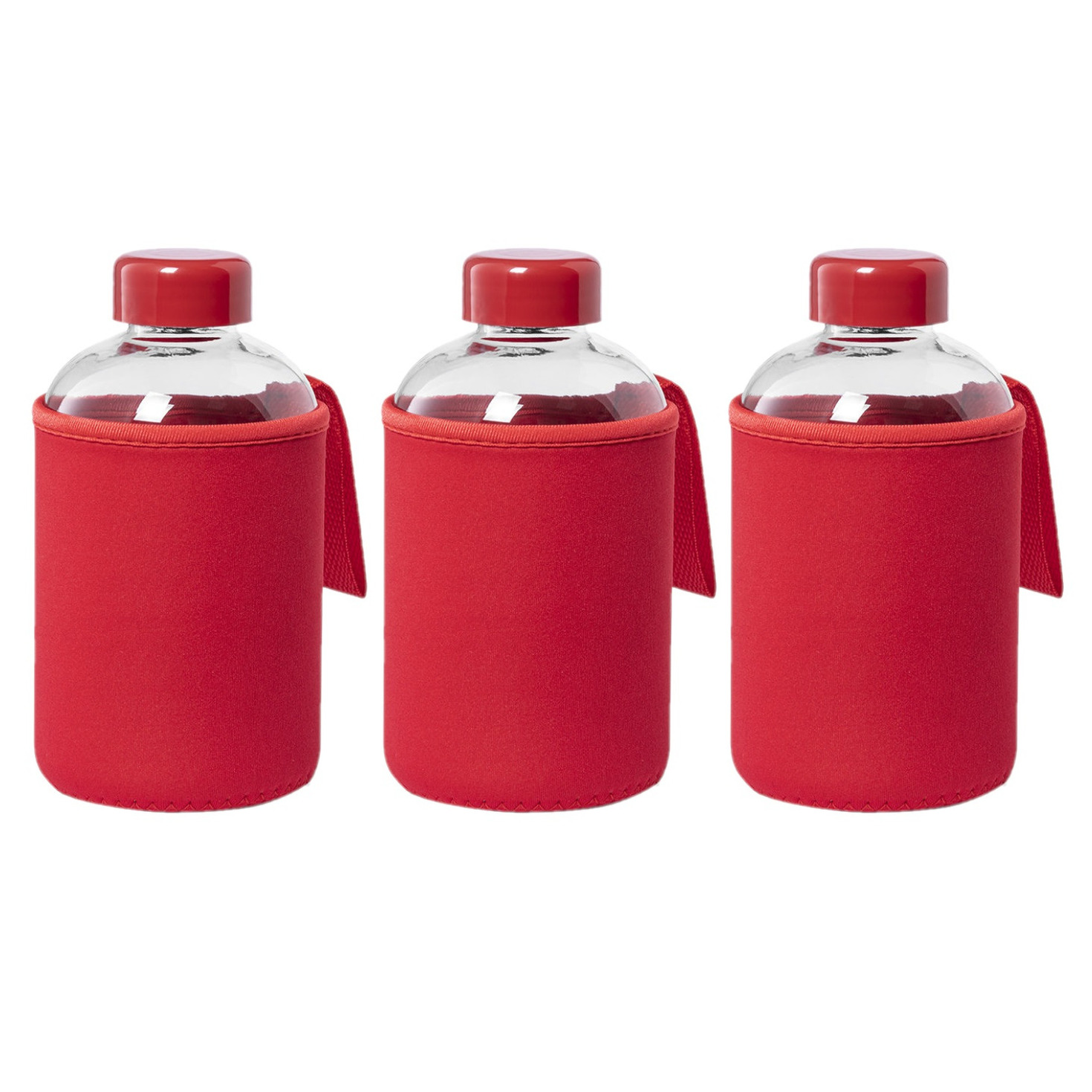6x Stuks glazen waterfles-drinkfles met rode softshell bescherm hoes 600 ml
