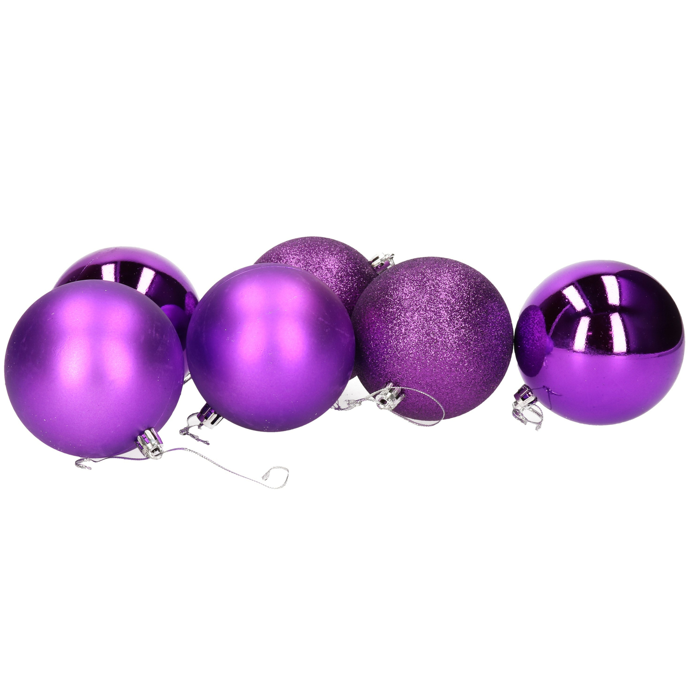 6x stuks kerstballen paars mix van mat-glans-glitter kunststof 8 cm