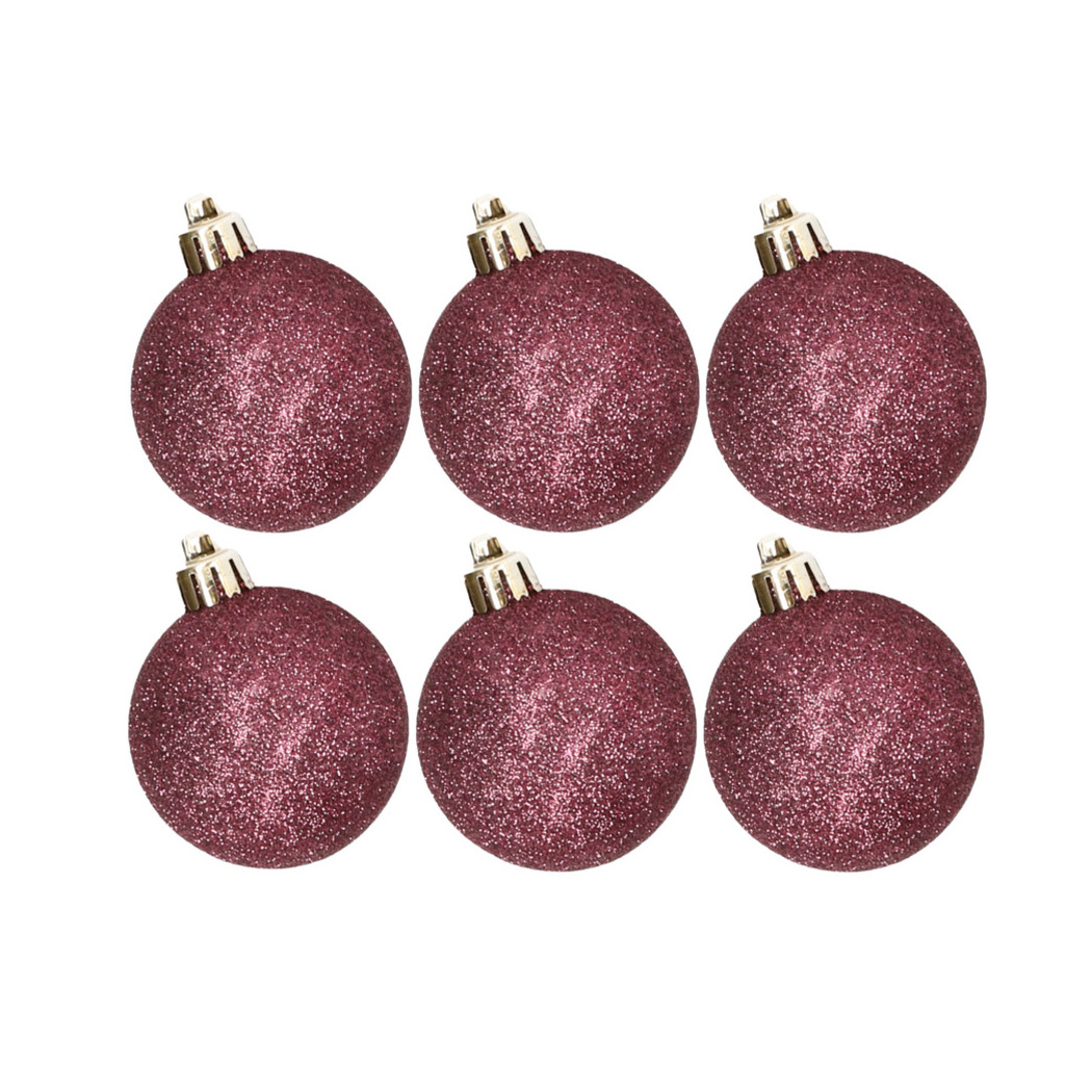 6x stuks kunststof glitter kerstballen aubergine roze 6 cm