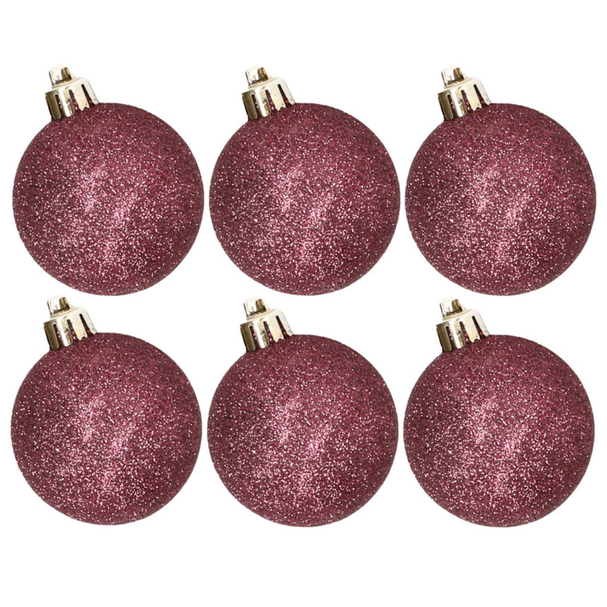 6x stuks kunststof glitter kerstballen aubergine roze 8 cm
