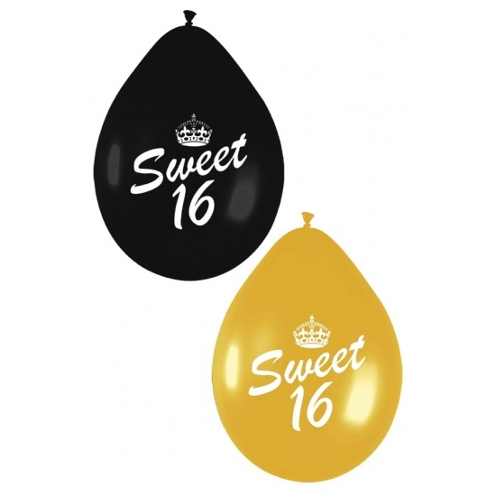 6x stuks Sweet 16 thema ballonnen zwart en goud van 27 cm -