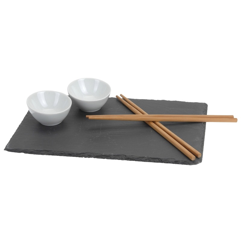 Merkloos 7-Delige sushi set voor 2x personen - Leisteen plankje/kommetje/eetstokjes