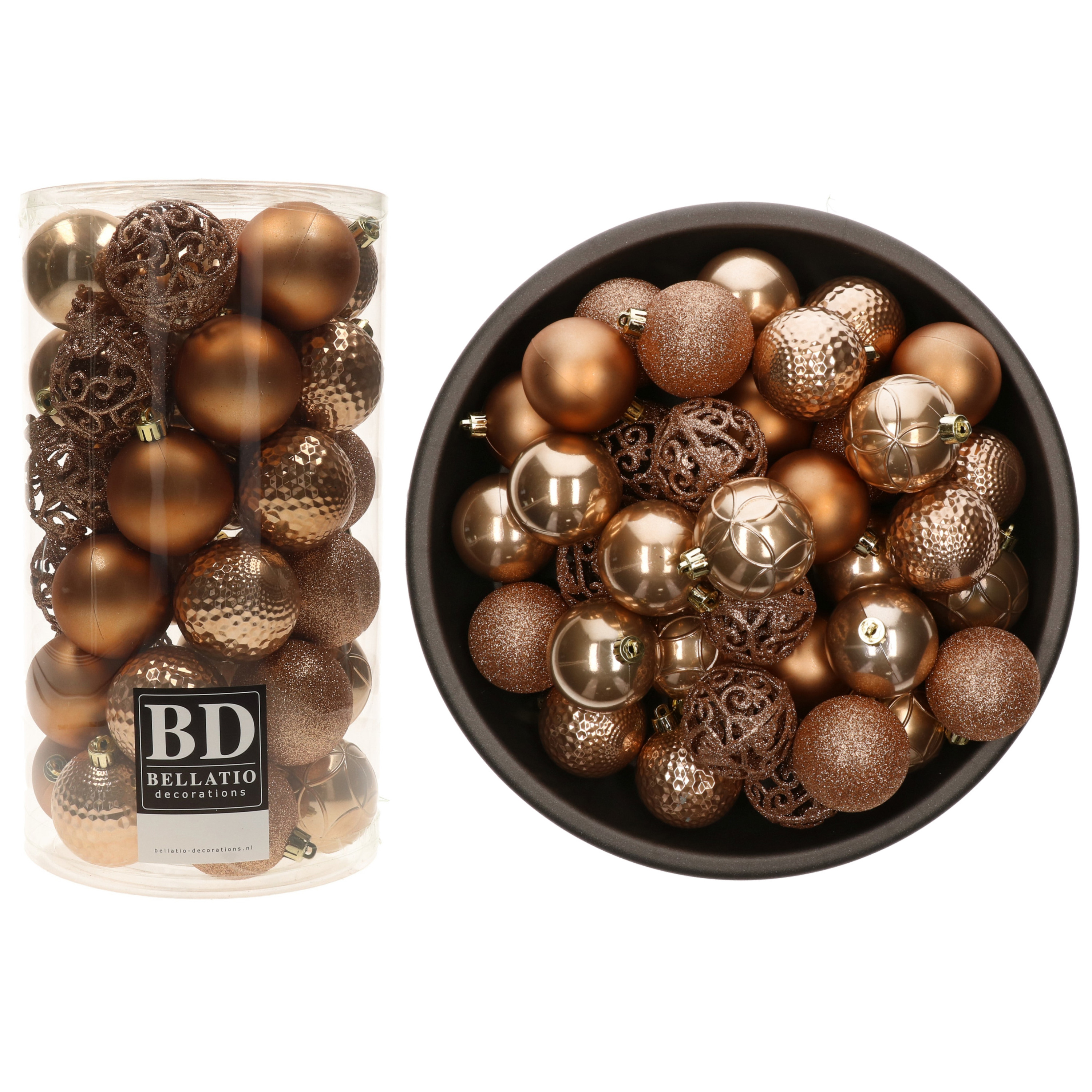 74x stuks kunststof kerstballen camel bruin 6 cm glans-mat-glitter mix