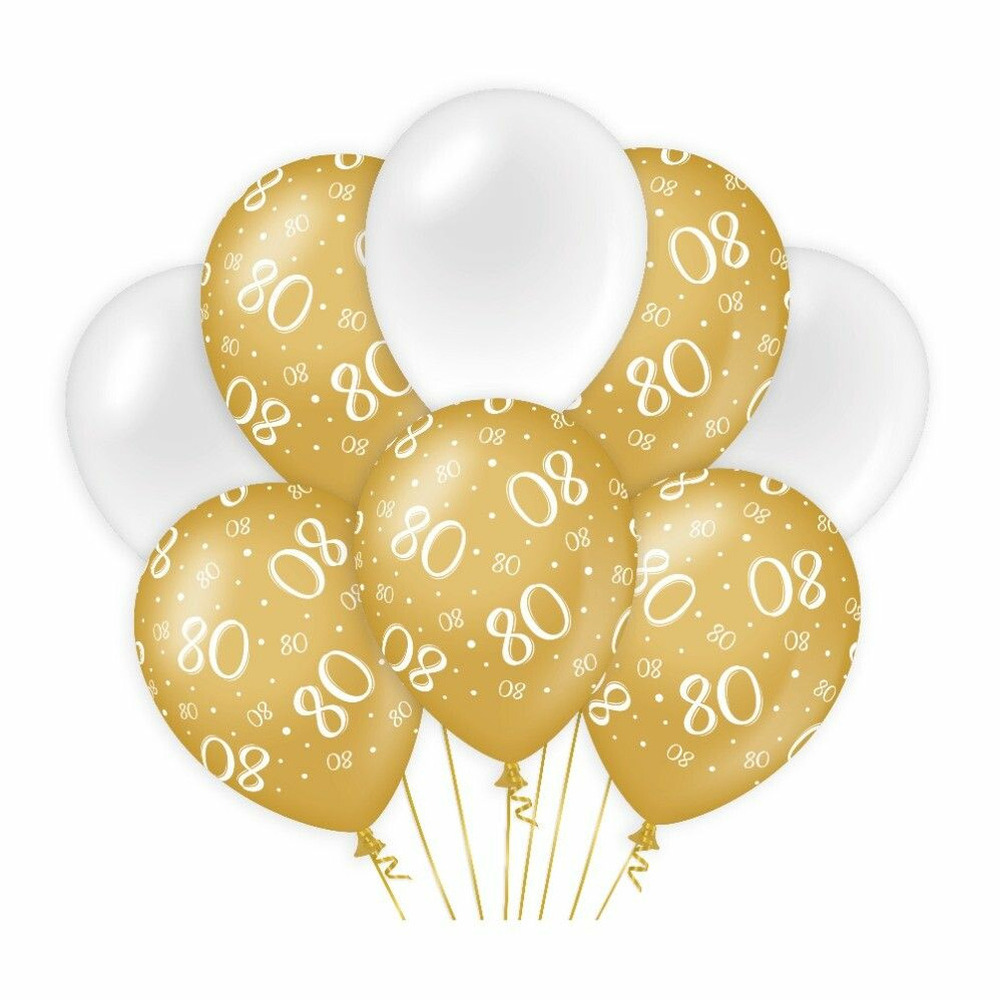 80 jaar leeftijd thema Ballonnen 8x goud-wit Verjaardag Versiering-feestartikelen