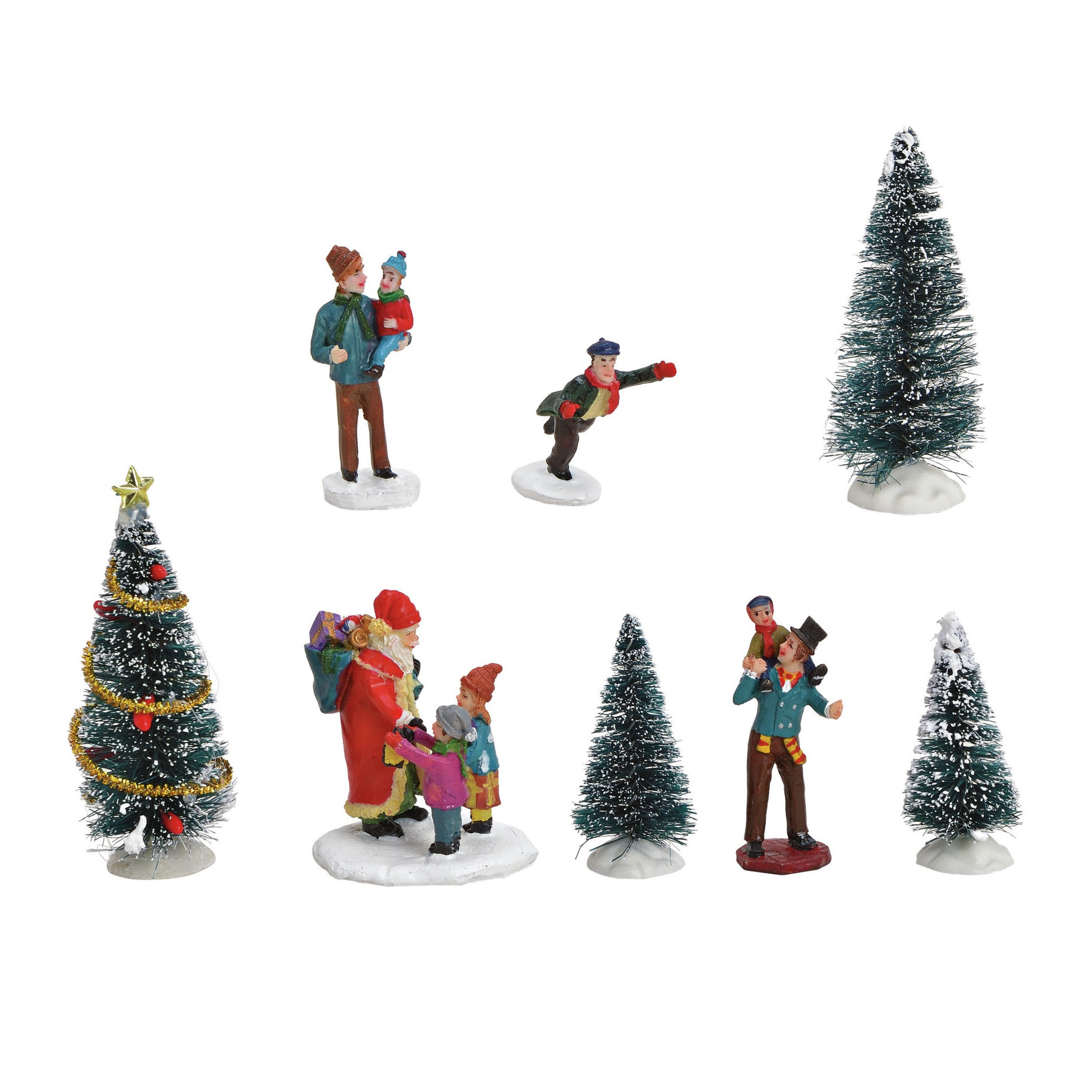 8x stuks kerstdorp accessoires figuurtjes-poppetjes en kerstboompje