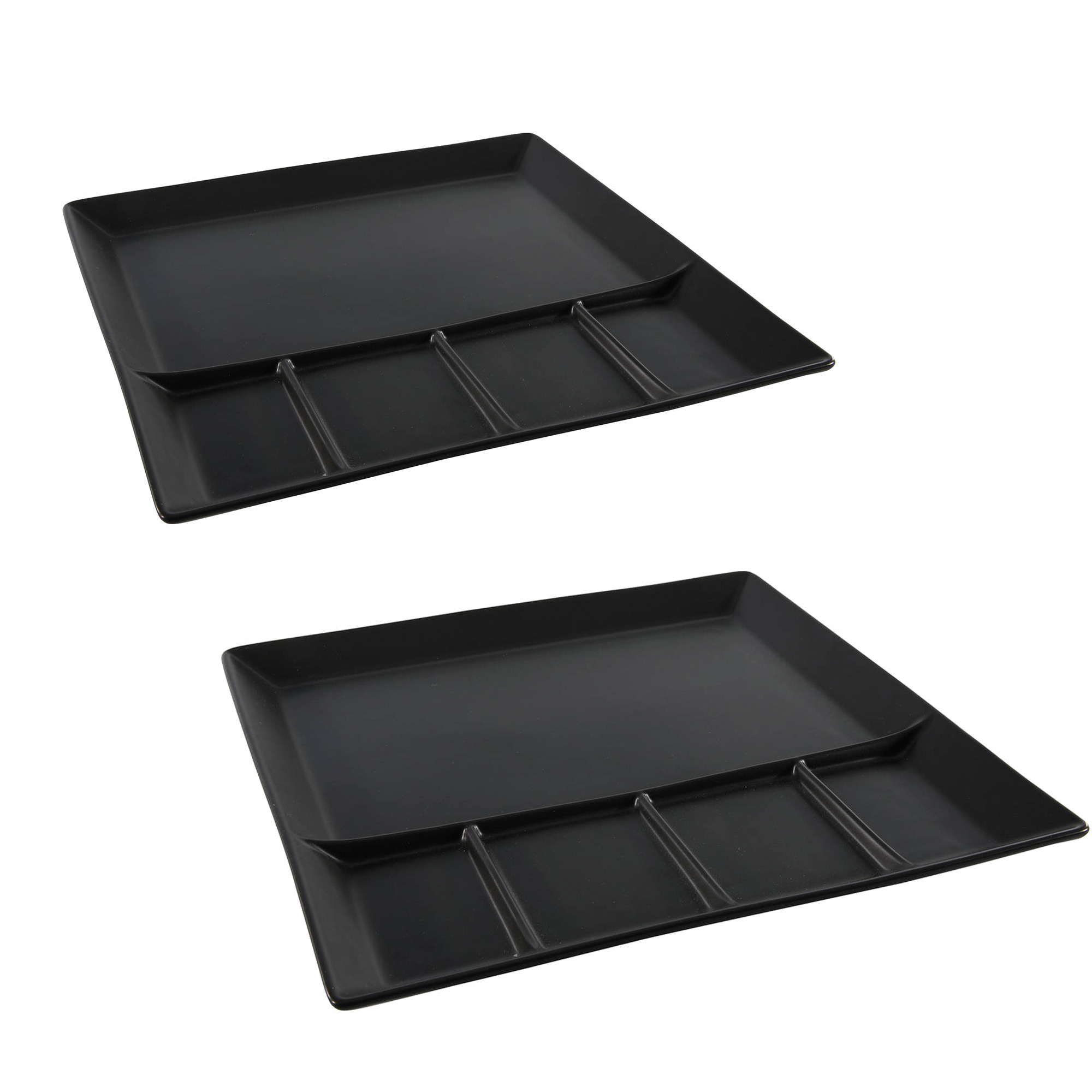 8x stuks mat zwart fondue-gourmet bord 5-vaks vierkant aardewerk 24 cm