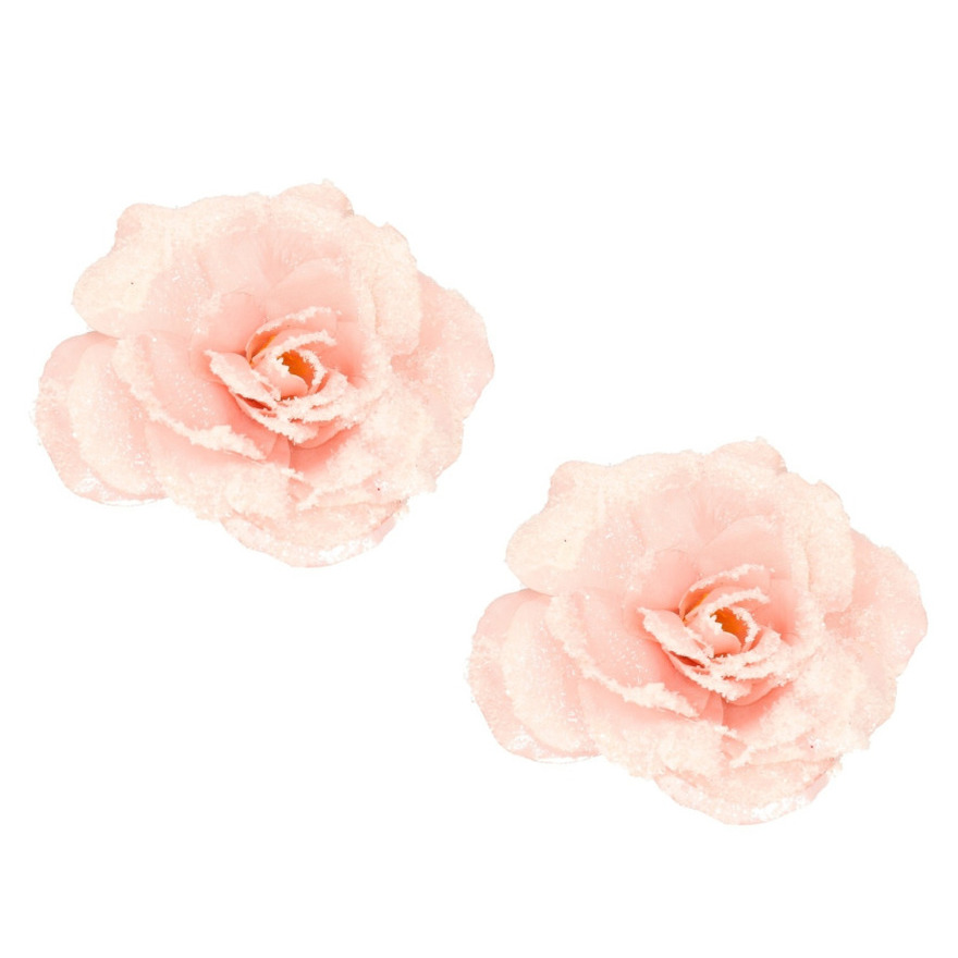 8x stuks roze rozen kerstversiering clip decoratie 12 cm