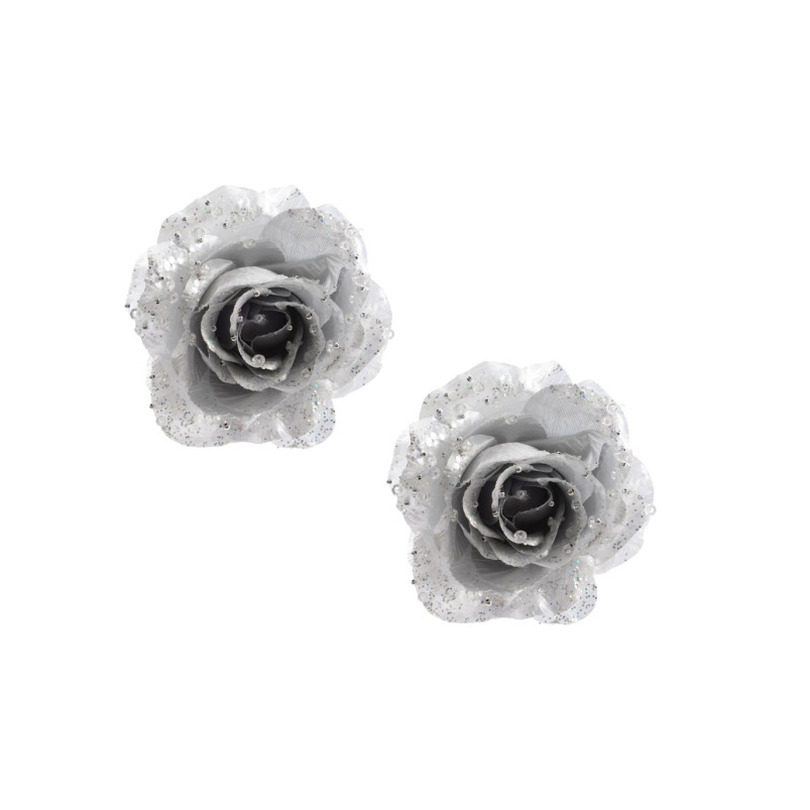 8x stuks zilveren glitter rozen met clip