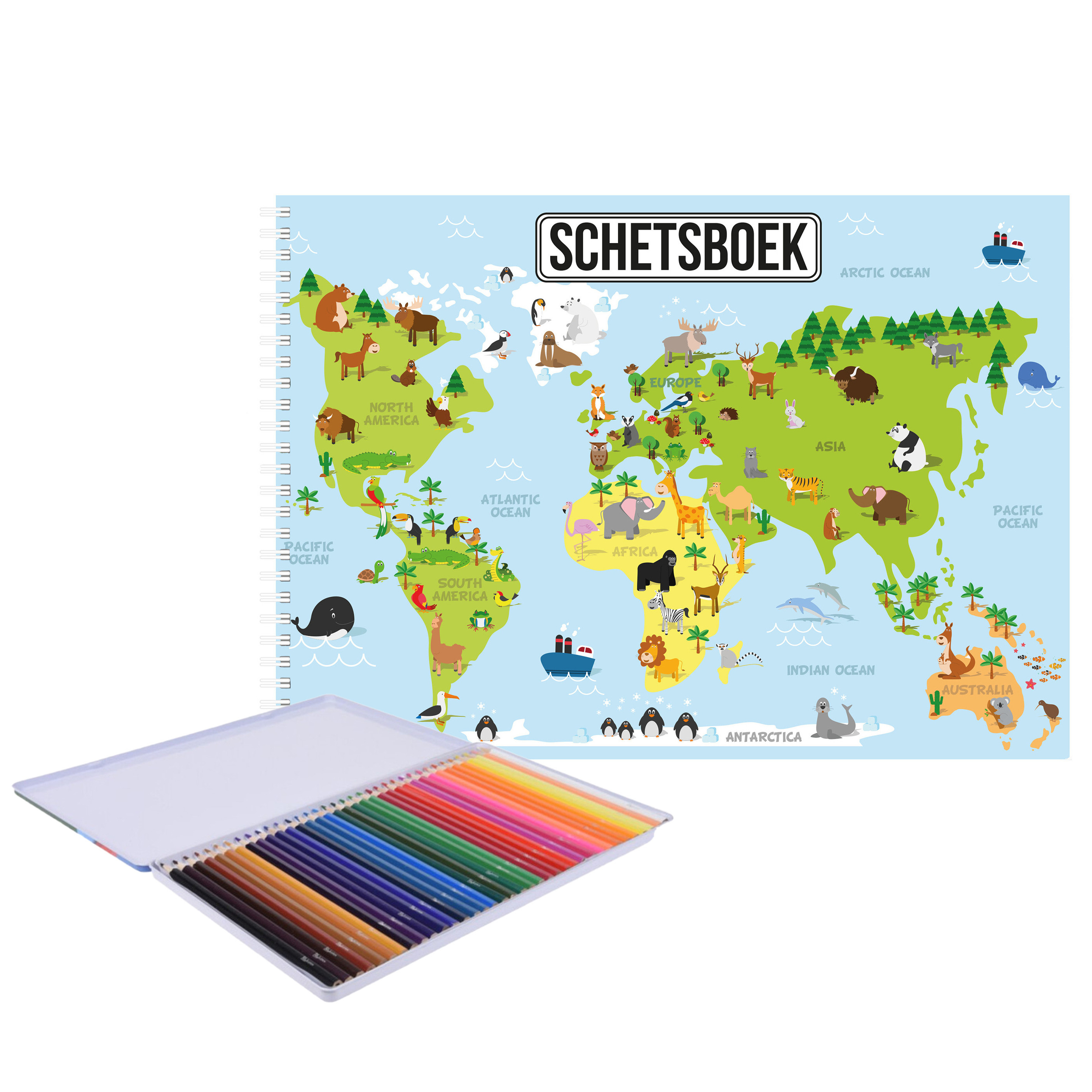 A4 aarde-wereldmap schetsboek- tekenboek- kleurboek- schetsblok wit papier met 36x kleurpotloden