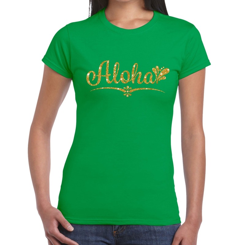 Aloha goud glitter hawaii t-shirt groen dames
