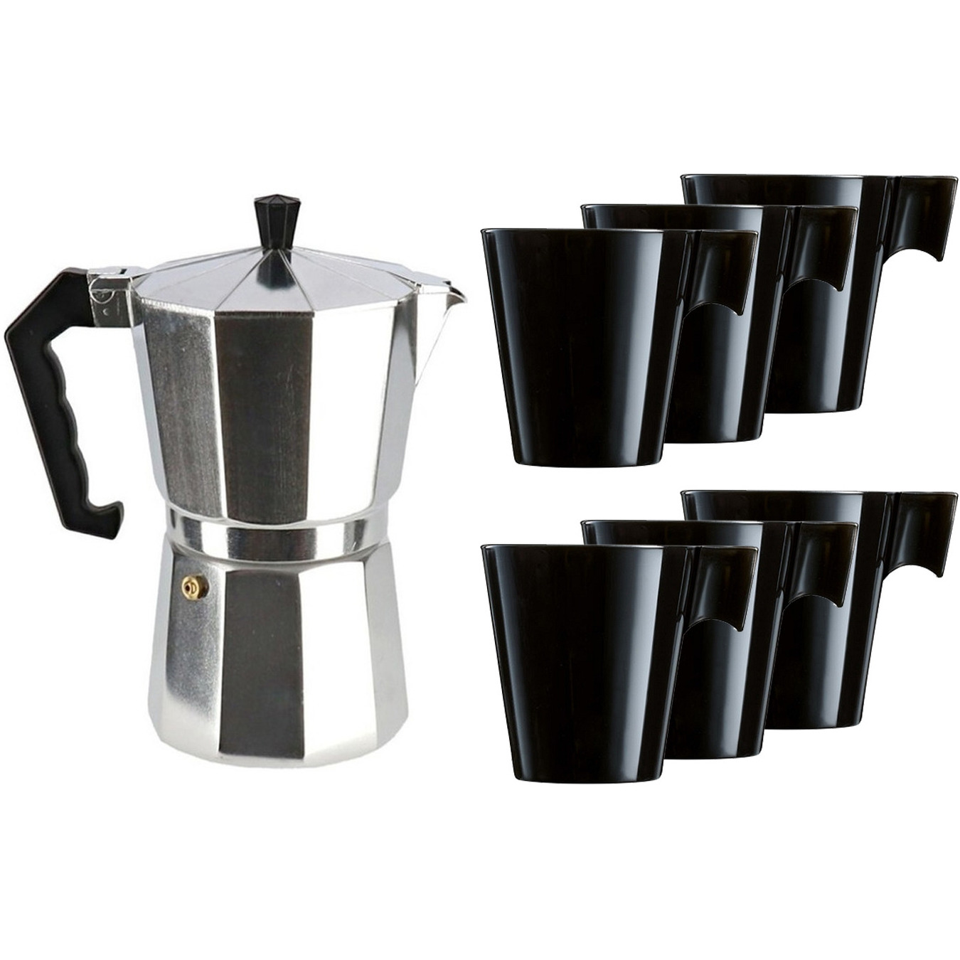 Aluminium moka-koffiemaker met 6x zwarte kopjes