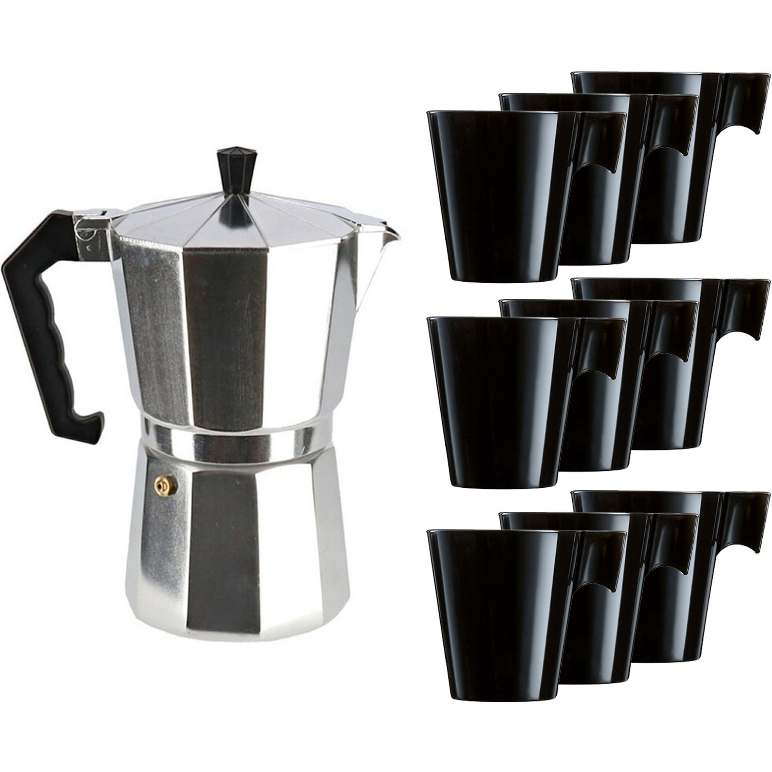 Aluminium moka-koffiemaker met 9x zwarte kopjes