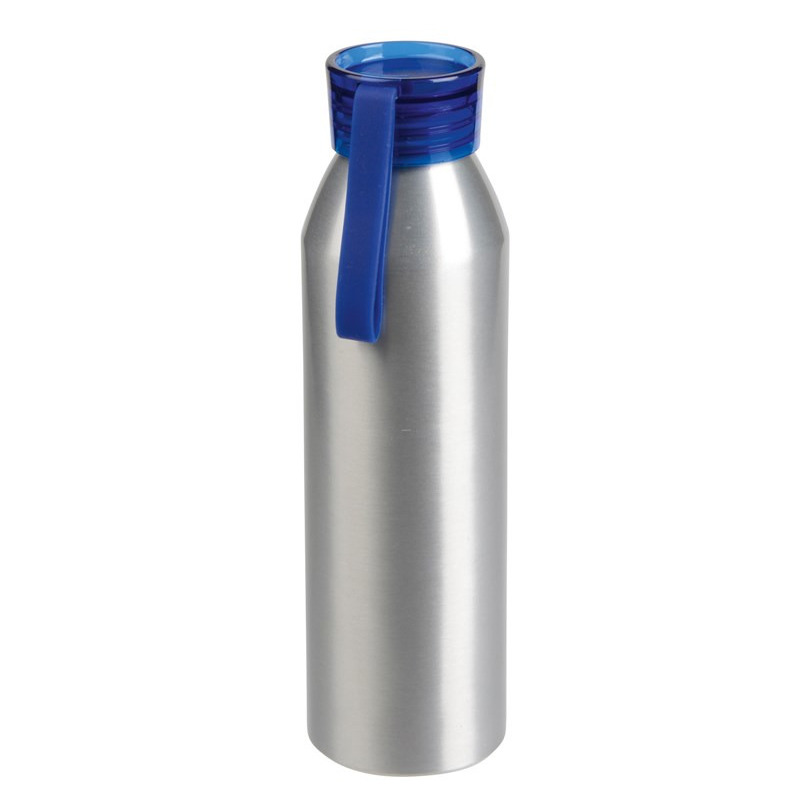 Aluminium waterfles-drinkfles zilver met blauwe kunststof schroefdop 650 ml