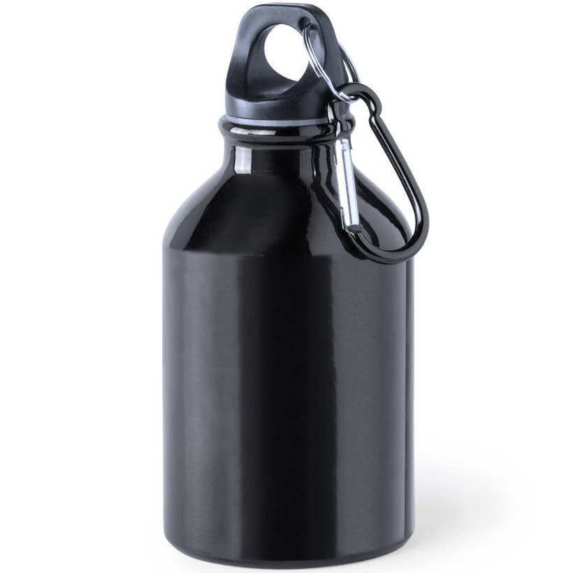 Aluminium waterfles-drinkfles zwart met schroefdop en karabijnhaak 330 ml
