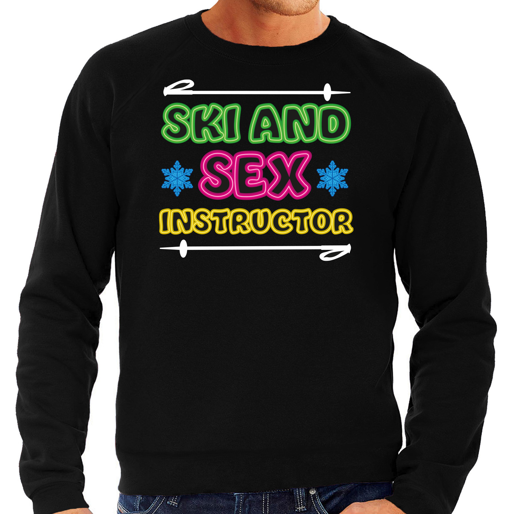 Apres ski sweater voor heren ski and sex instructor zwart wintersport winter trui