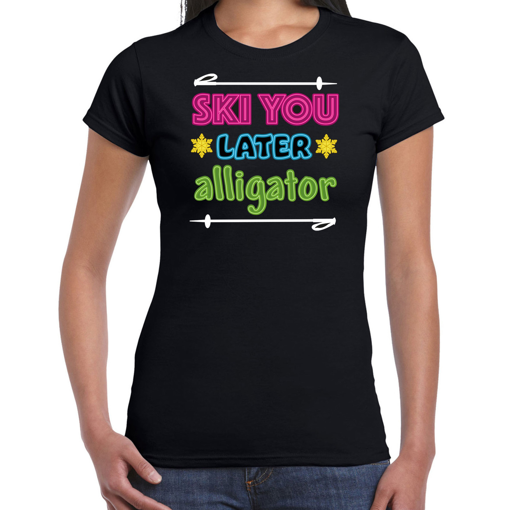 Apres ski t-shirt voor dames ski you later alligator zwart wintersport