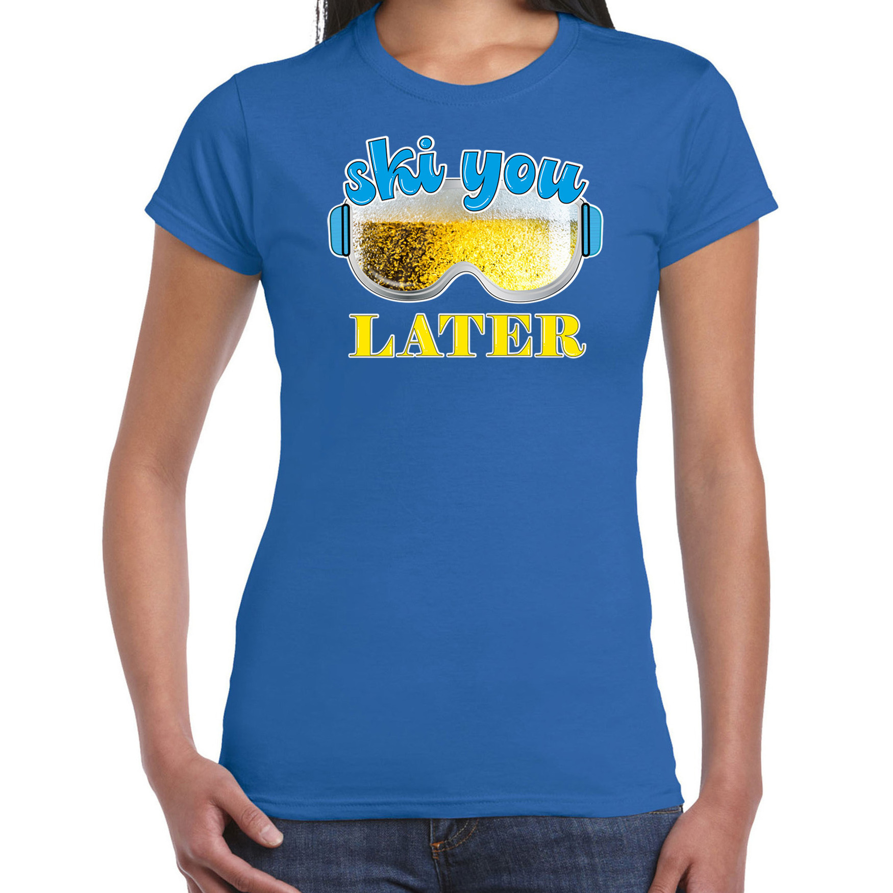 Apres ski t-shirt voor dames ski you later blauw bier-beer wintersport