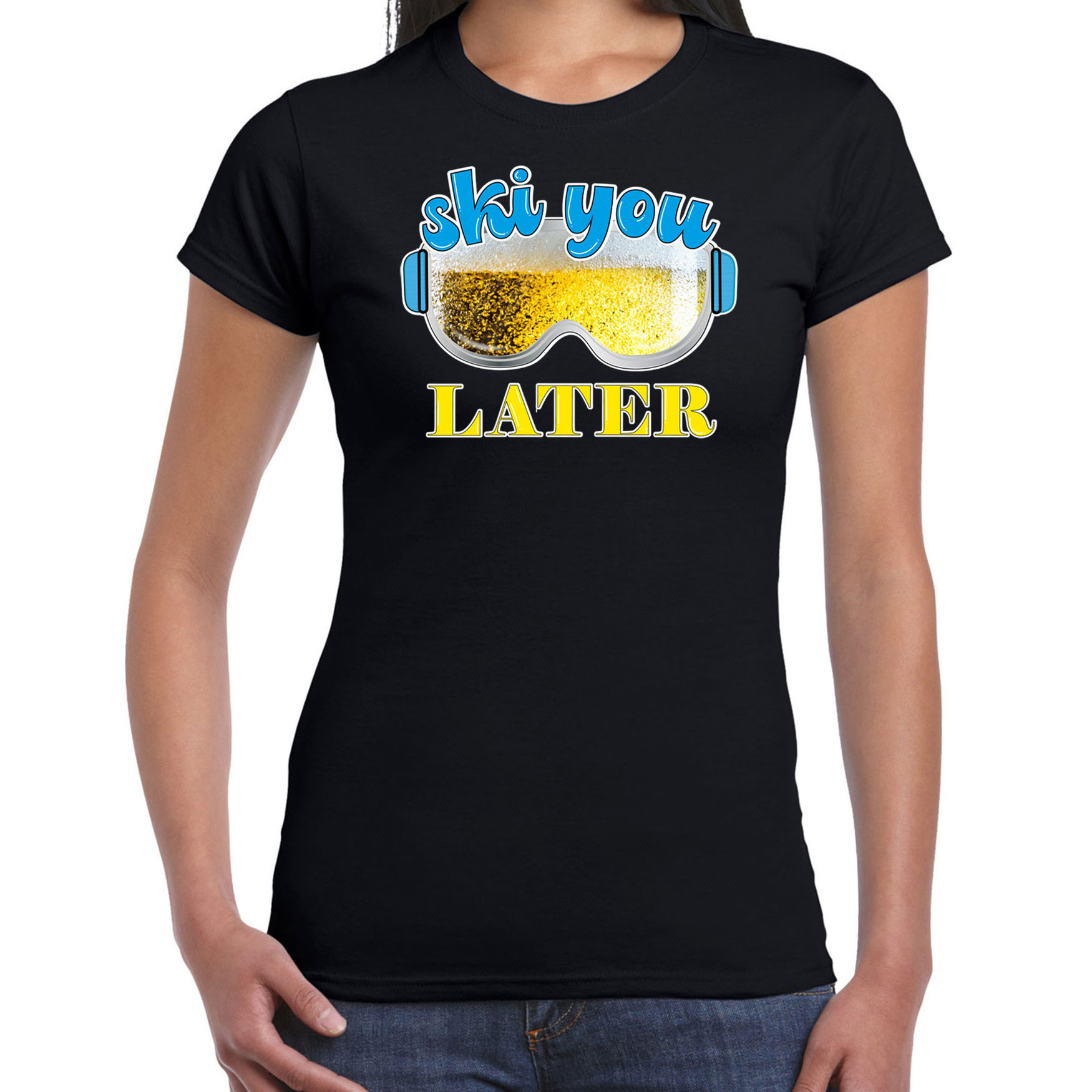 Apres ski t-shirt voor dames ski you later zwart bier-beer wintersport