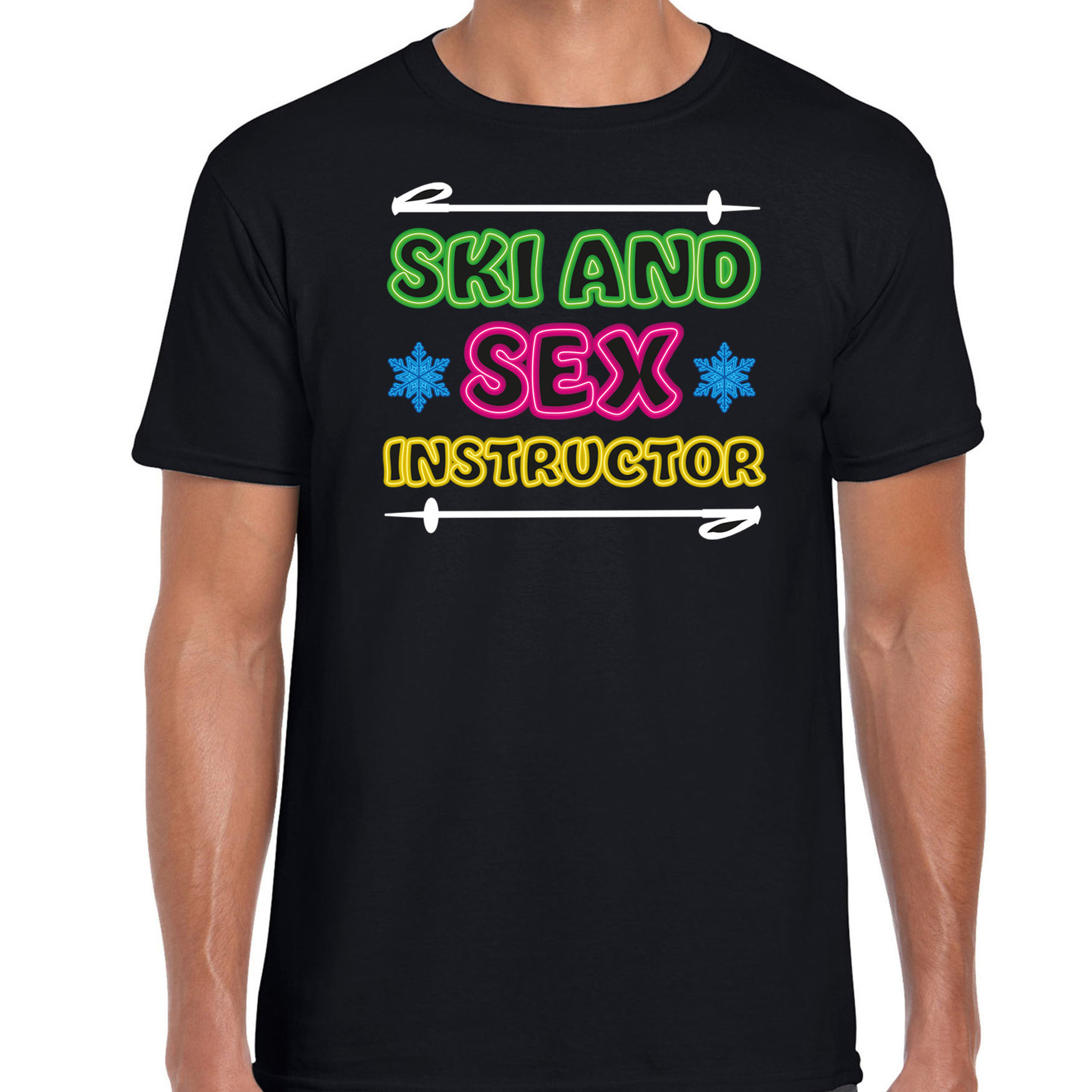 Apres ski t-shirt voor heren ski and sex instructor zwart wintersport