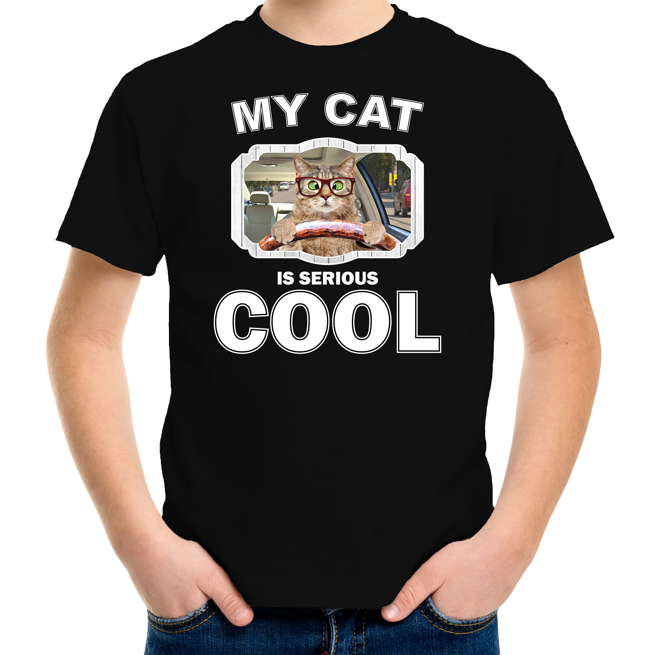 Auto rijdende kat katten-poezen t-shirt my cat is serious cool zwart voor kinderen