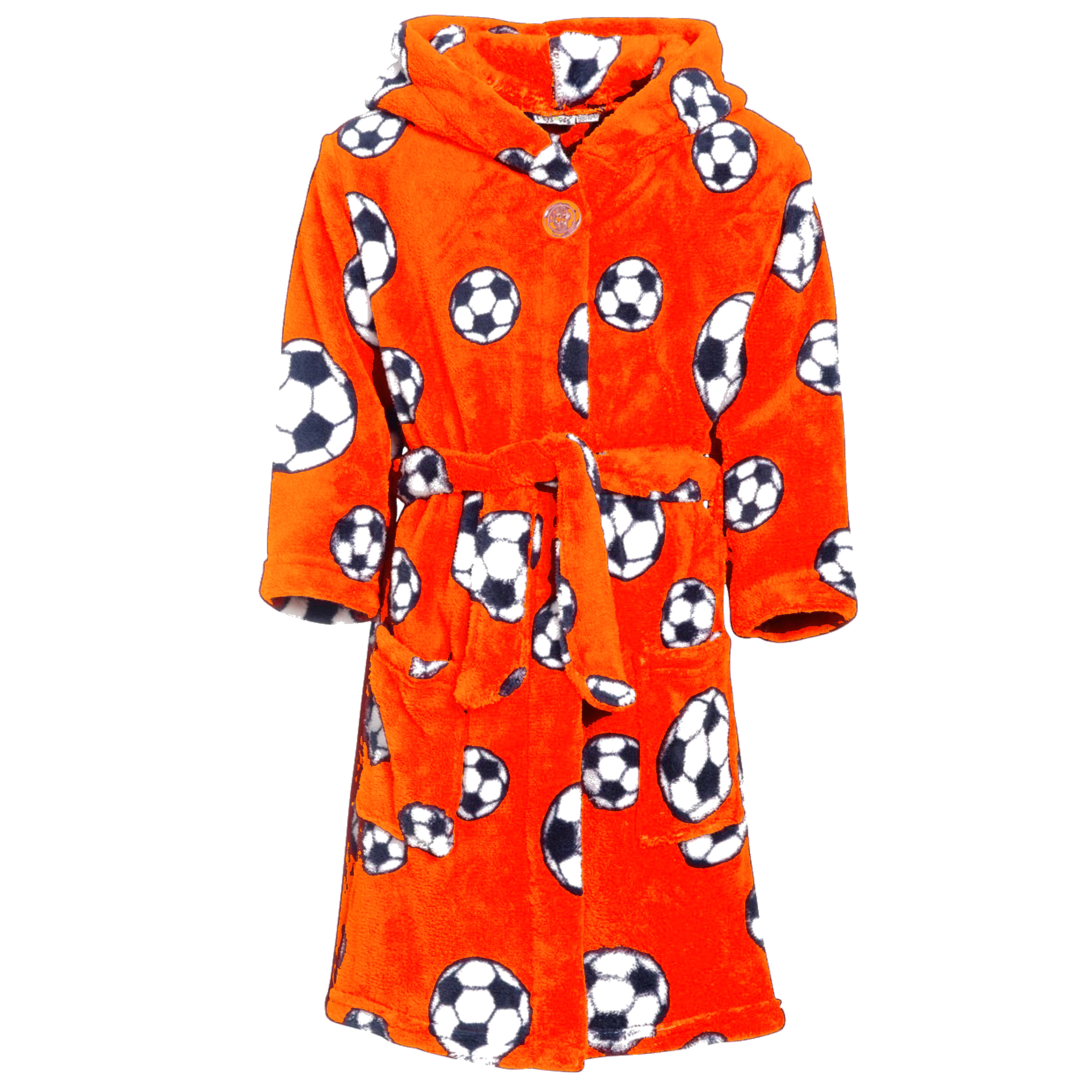 Badjas-ochtendjas oranje fleece voetbal print voor kinderen.