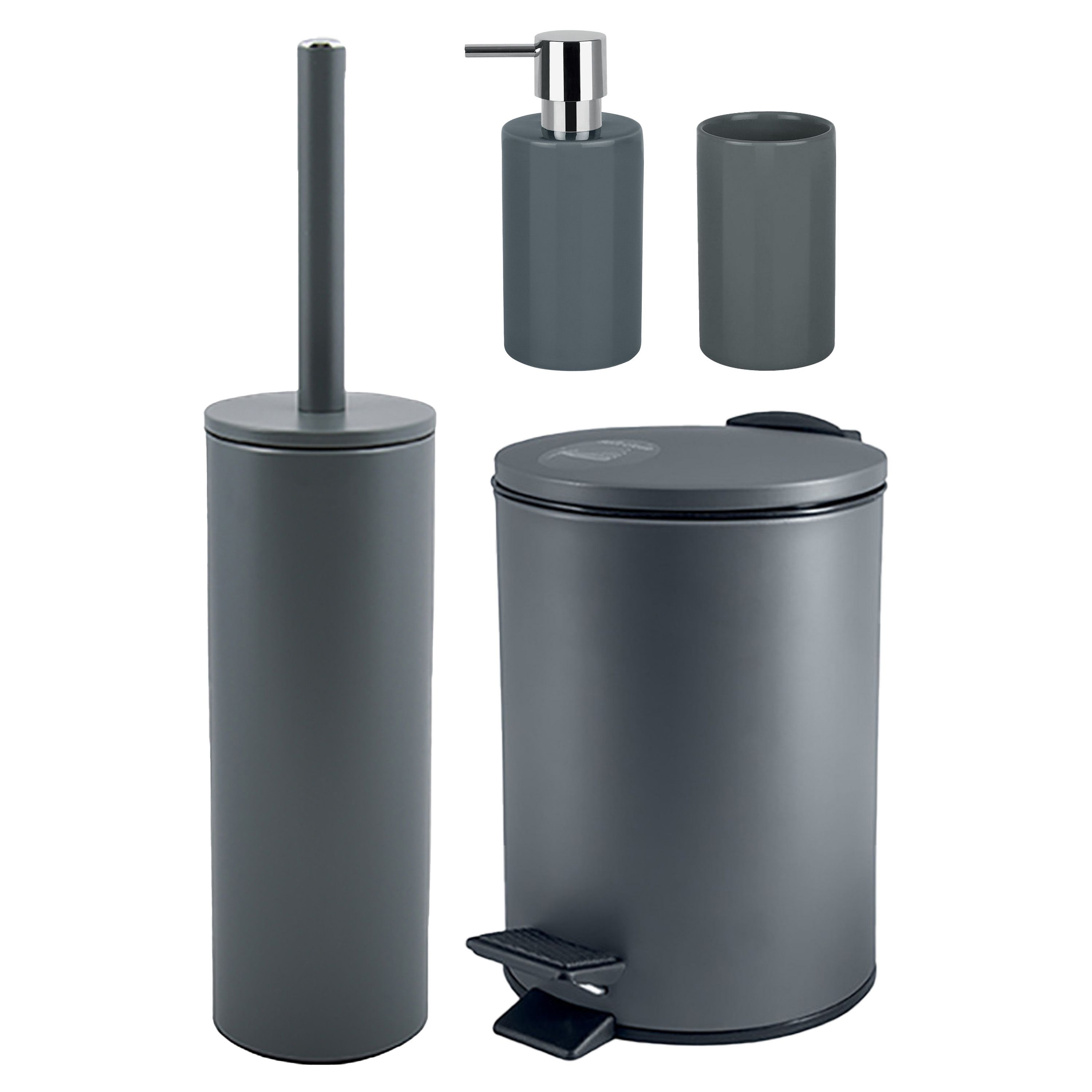 Badkamer accessoires set WC-borstel-pedaalemmer-zeeppompje-beker metaal-keramiek donkergrijs
