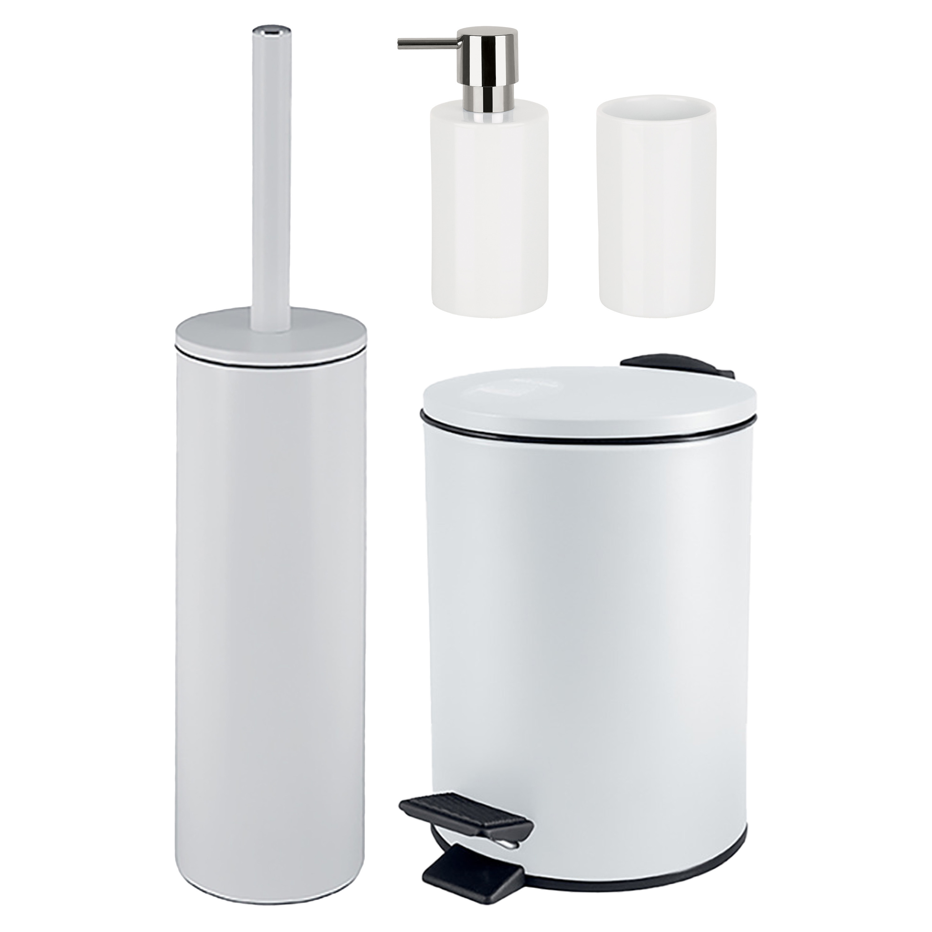 Badkamer accessoires set WC-borstel-pedaalemmer-zeeppompje-beker metaal-keramiek ivoor wit