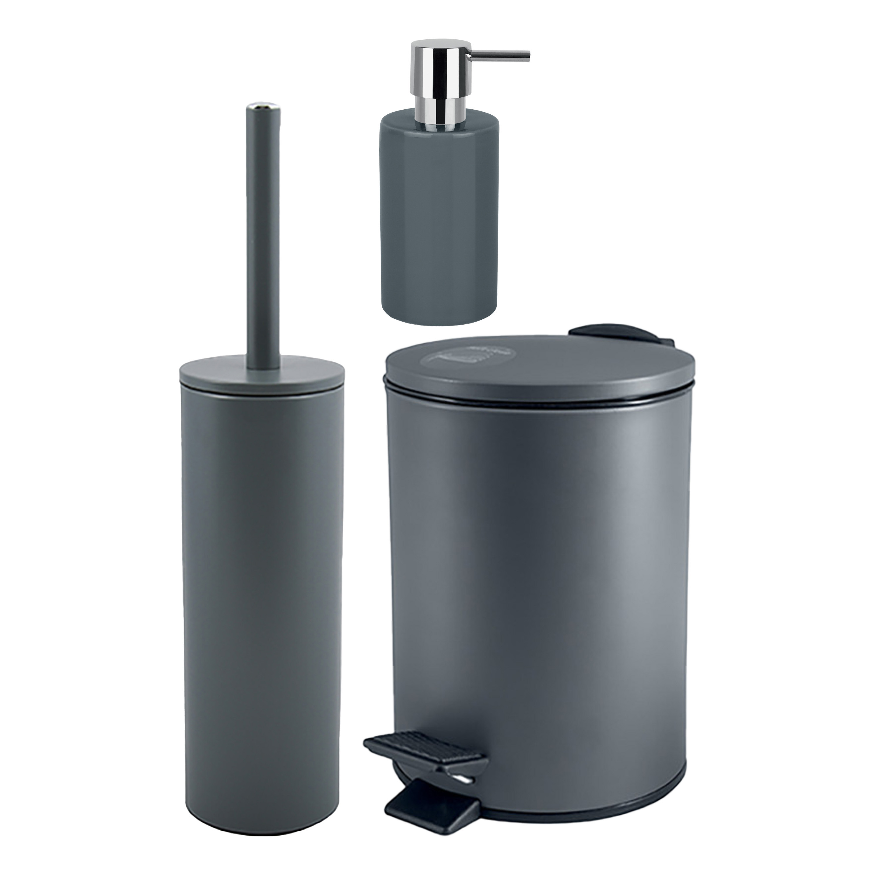 Badkamer accessoires set WC-borstel-pedaalemmer-zeeppompje metaal-keramiek donkergrijs