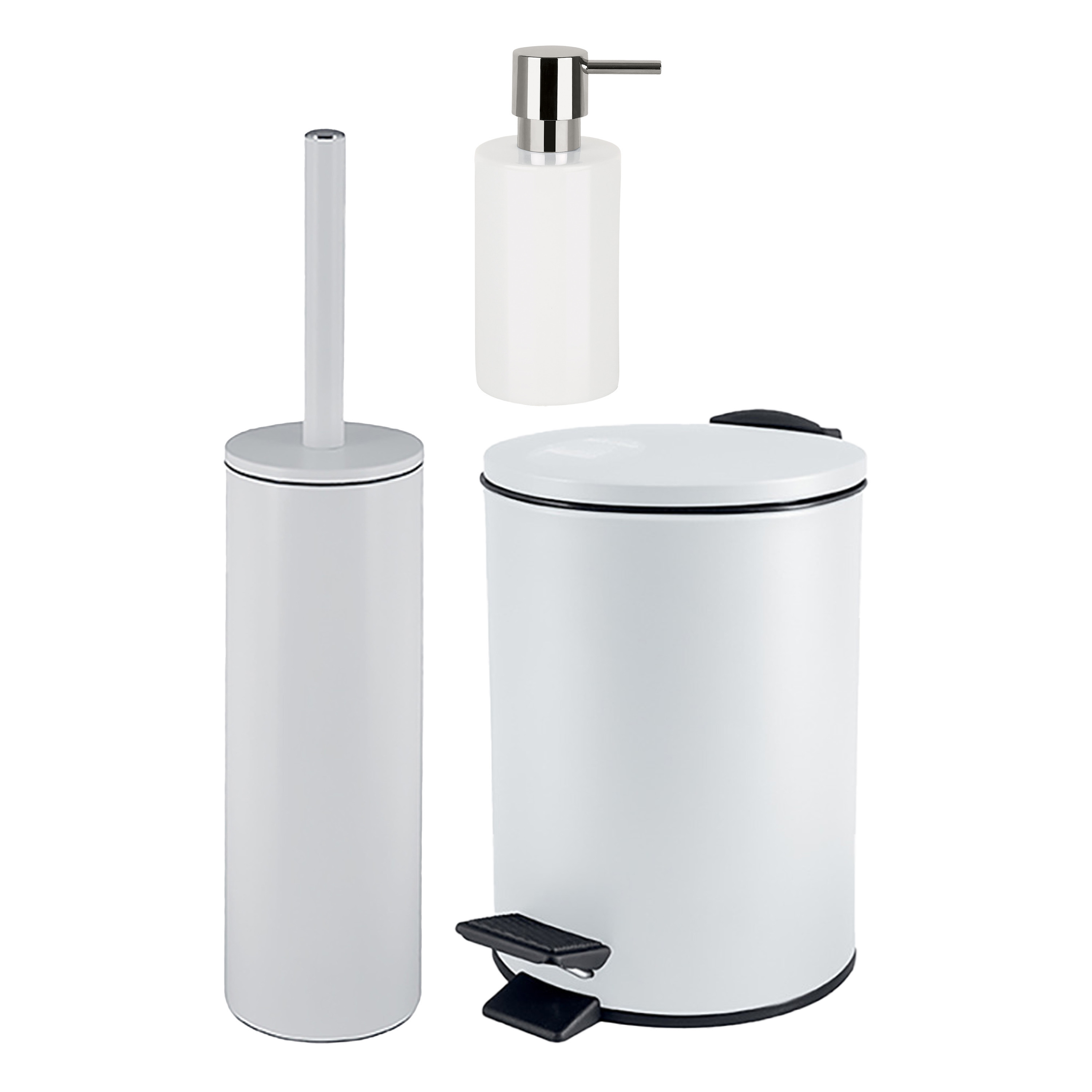 Badkamer accessoires set WC-borstel-pedaalemmer-zeeppompje metaal-keramiek ivoor wit