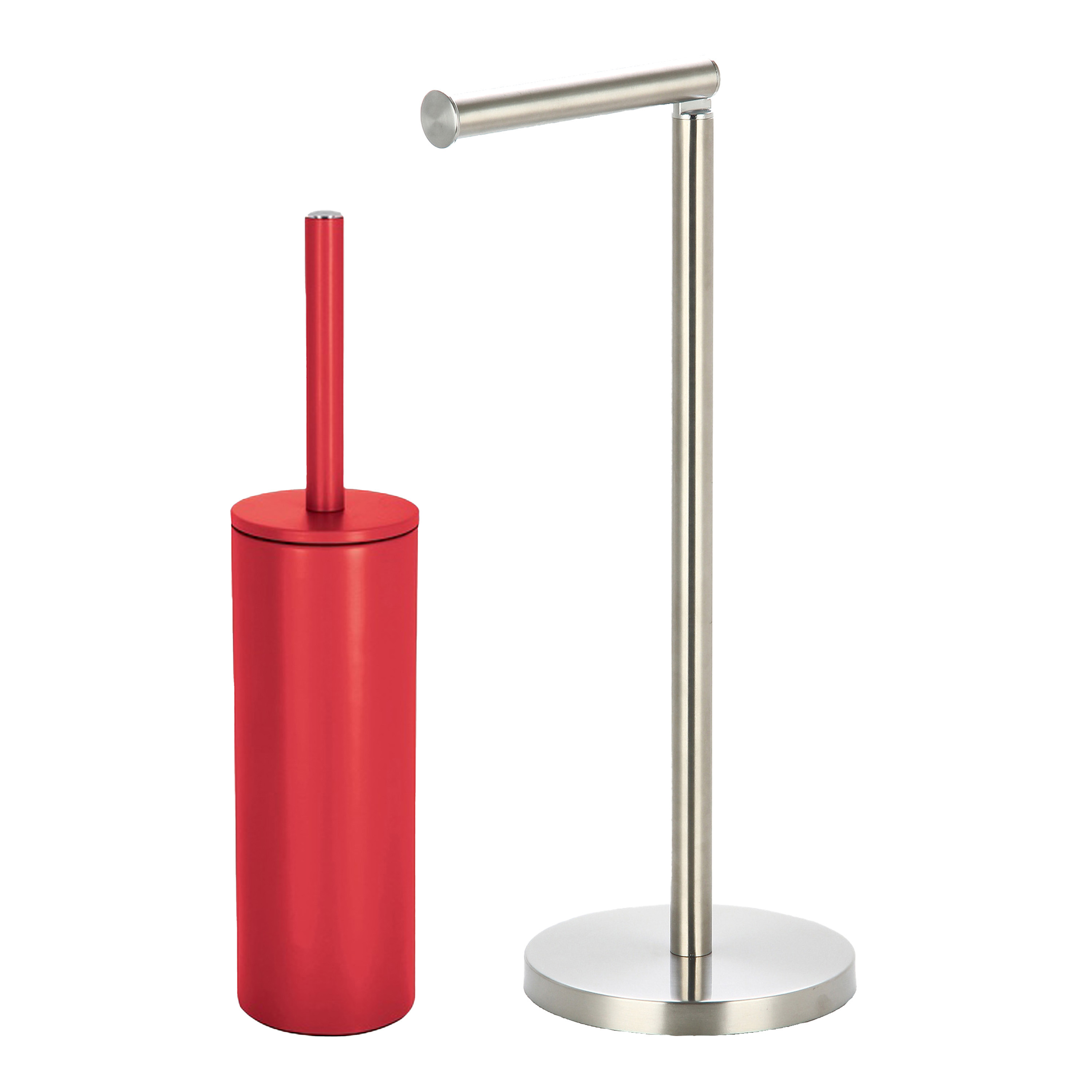 Badkamer accessoires set WC-borstel-toilet rollen houder metaal-porselein rood