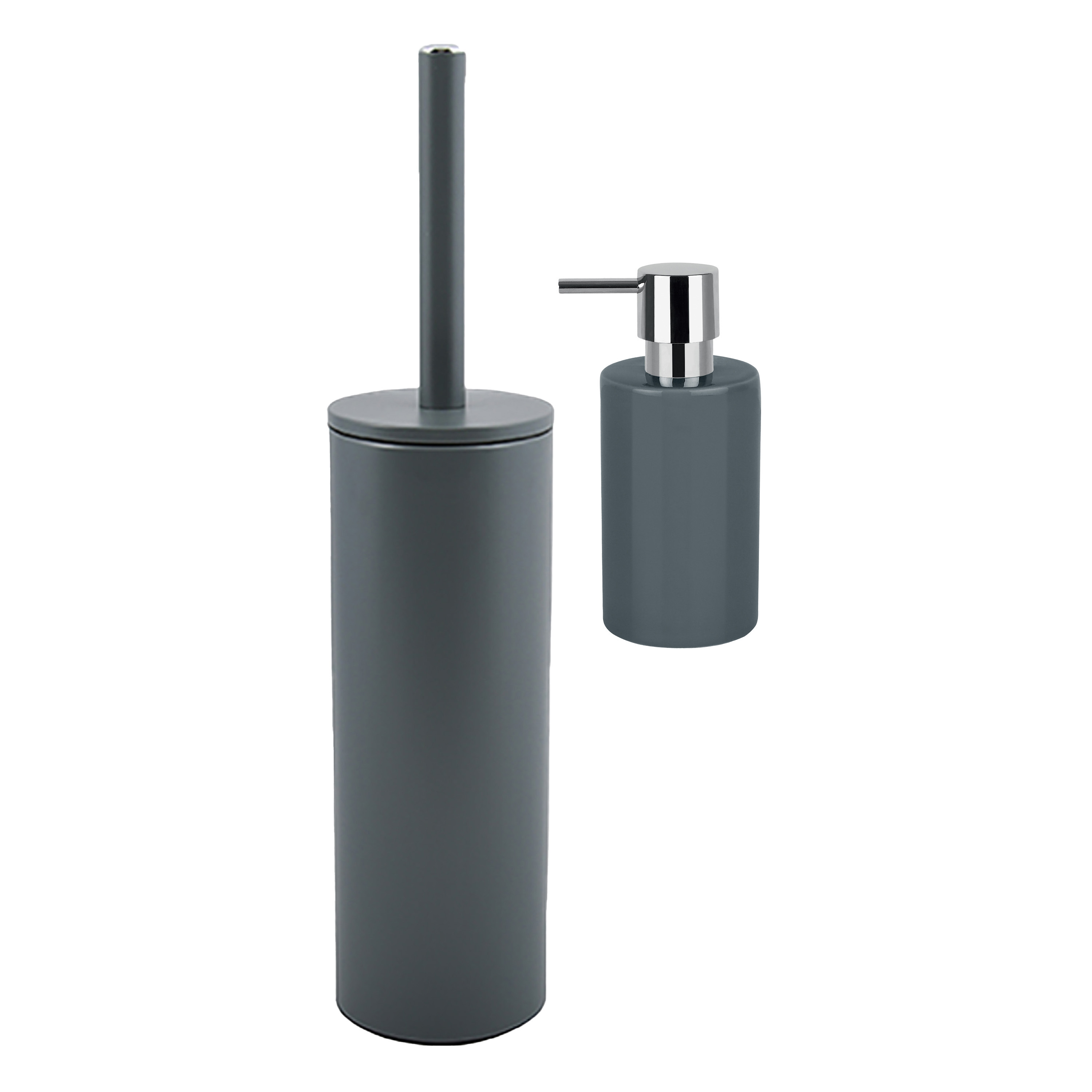 Badkamer accessoires set WC-borstel-zeeppompje metaal-porselein donkergrijs