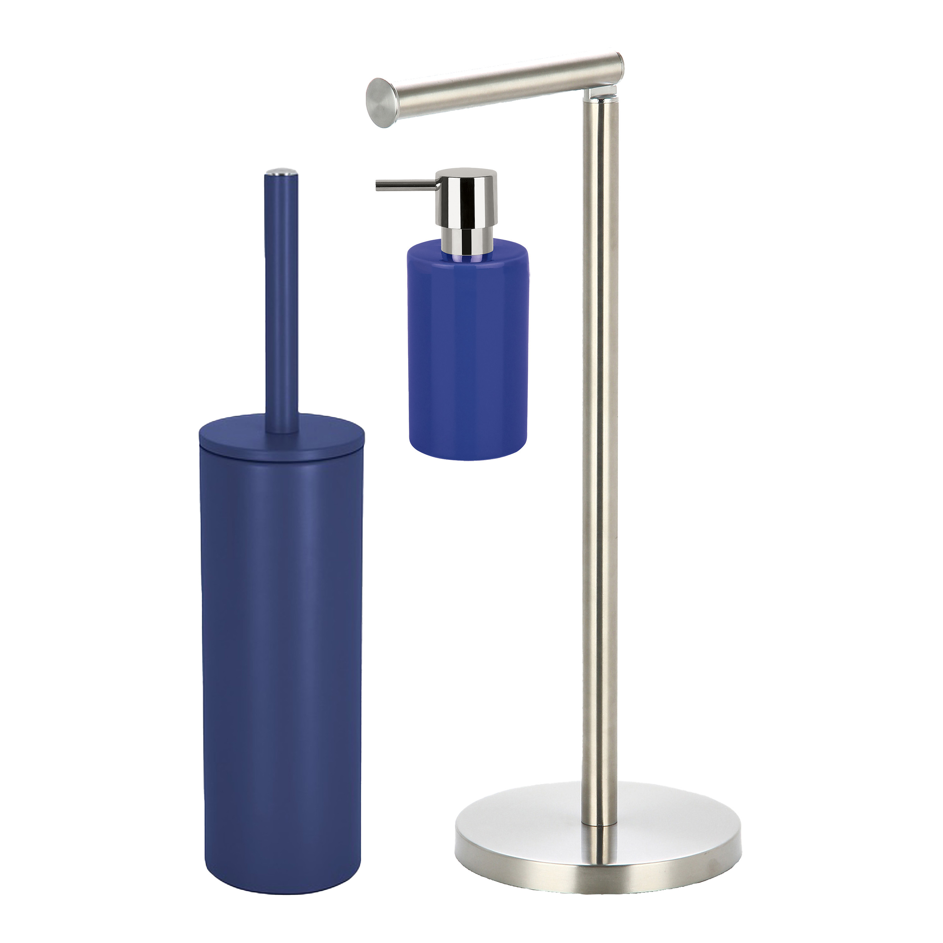 Badkamer accessoires set WC-borstel-zeeppompje-rollenhouder metaal-porselein donkerblauw