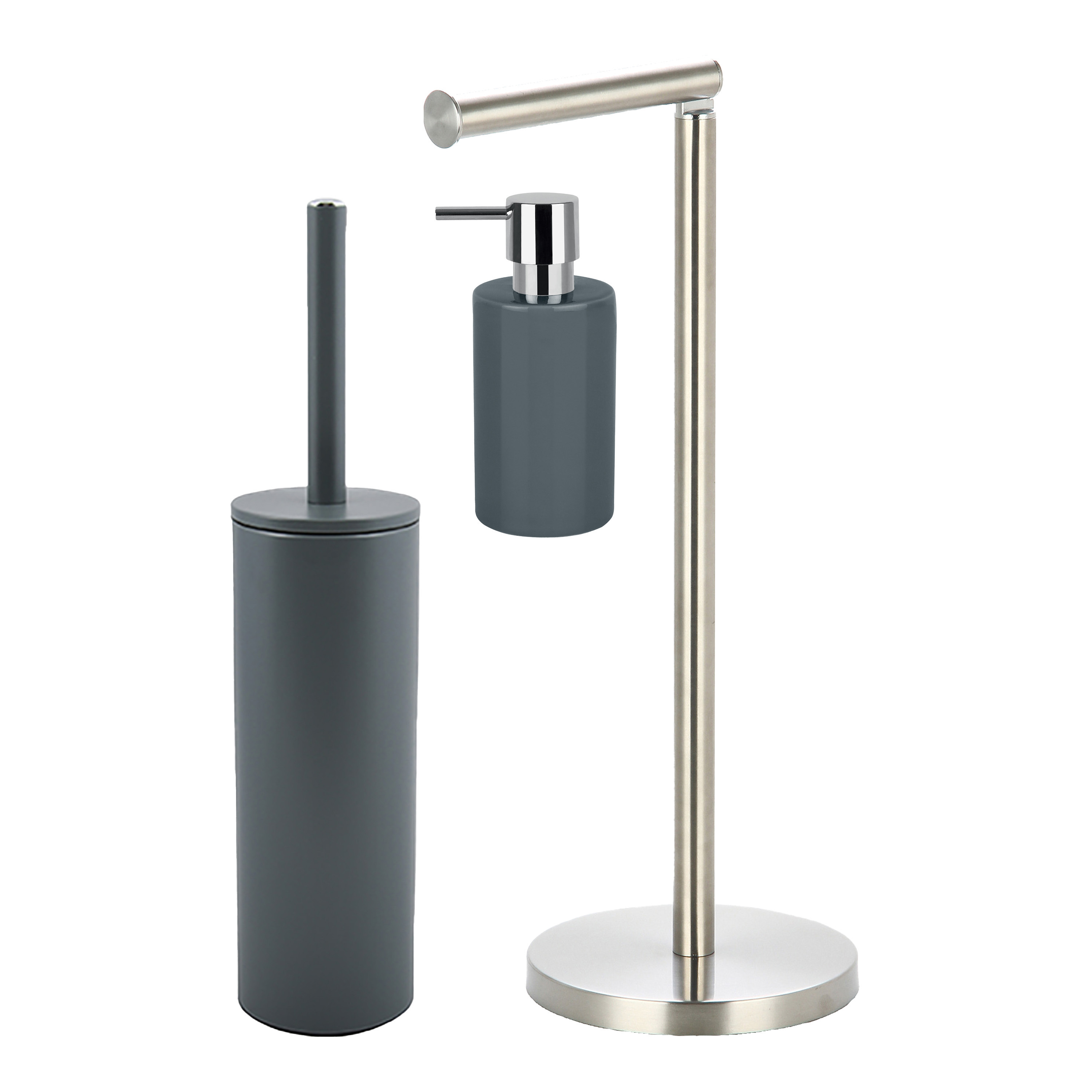 Badkamer accessoires set WC-borstel-zeeppompje-rollenhouder metaal-porselein donkergrijs