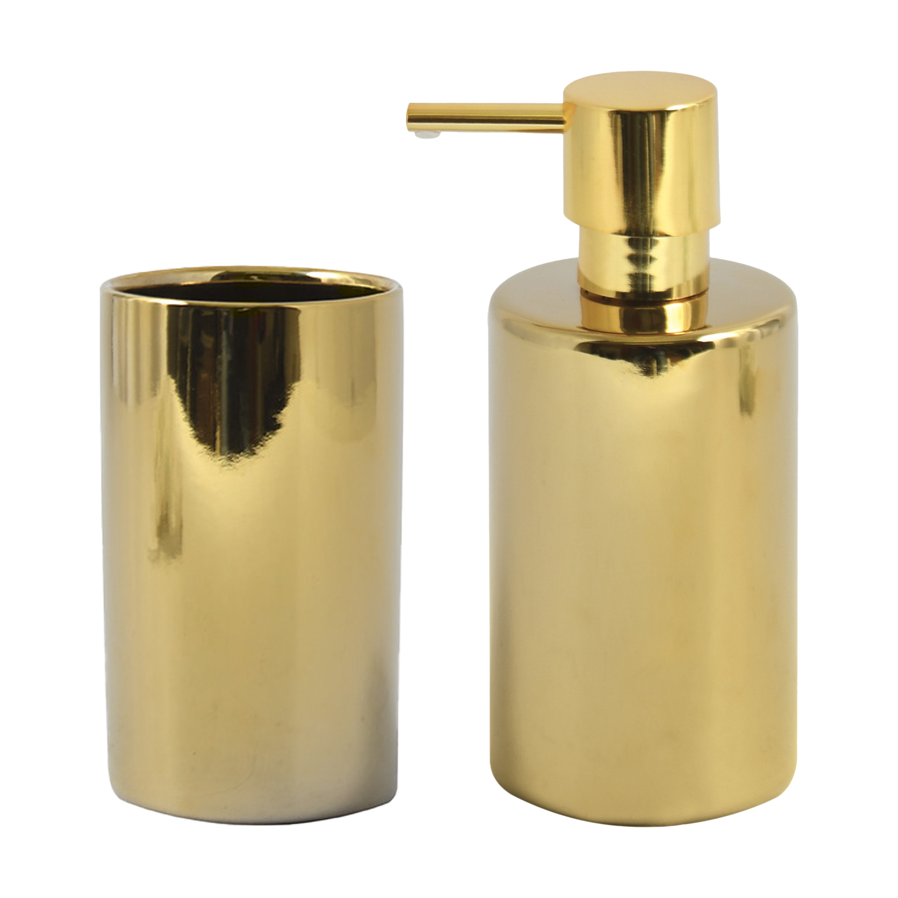 Badkamer accessoires set zeeppompje-drinkbeker porselein goud