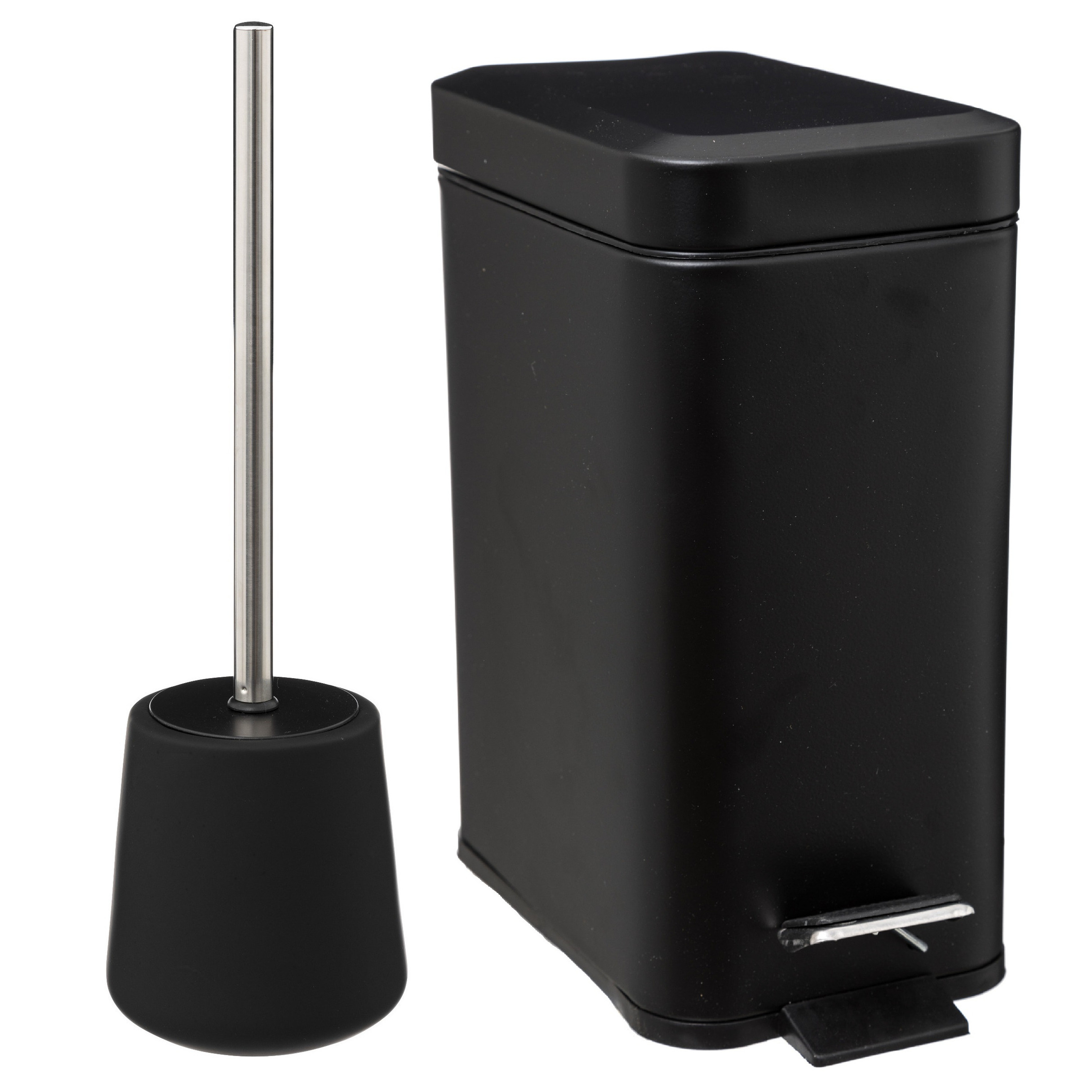 Badkamer-toilet set WC-borstel en pedaalemmer 5L metaal- polyresin zwart